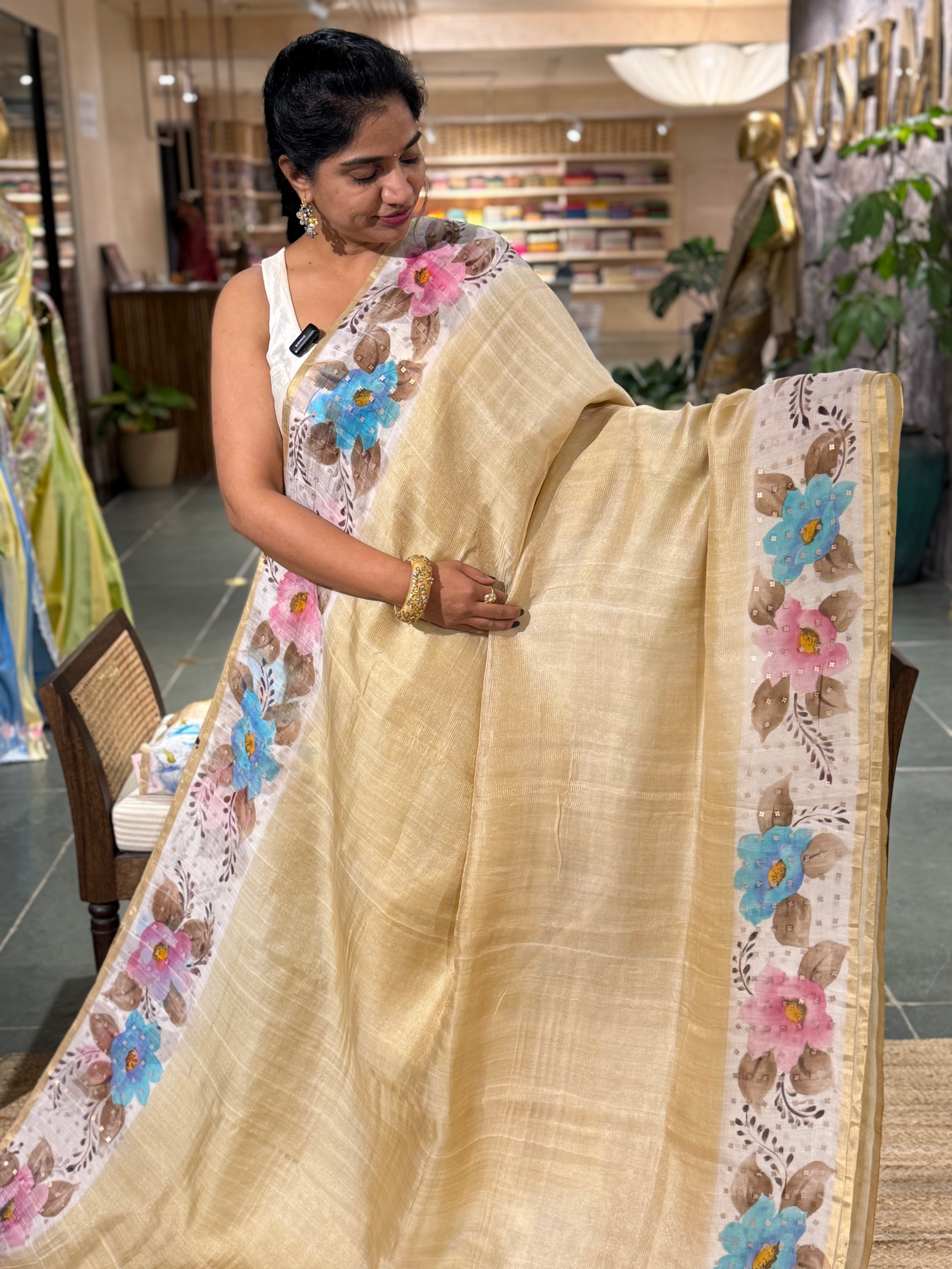 Tussar Kota Tissue Saree with Handpainted Muslin Border and Pallu