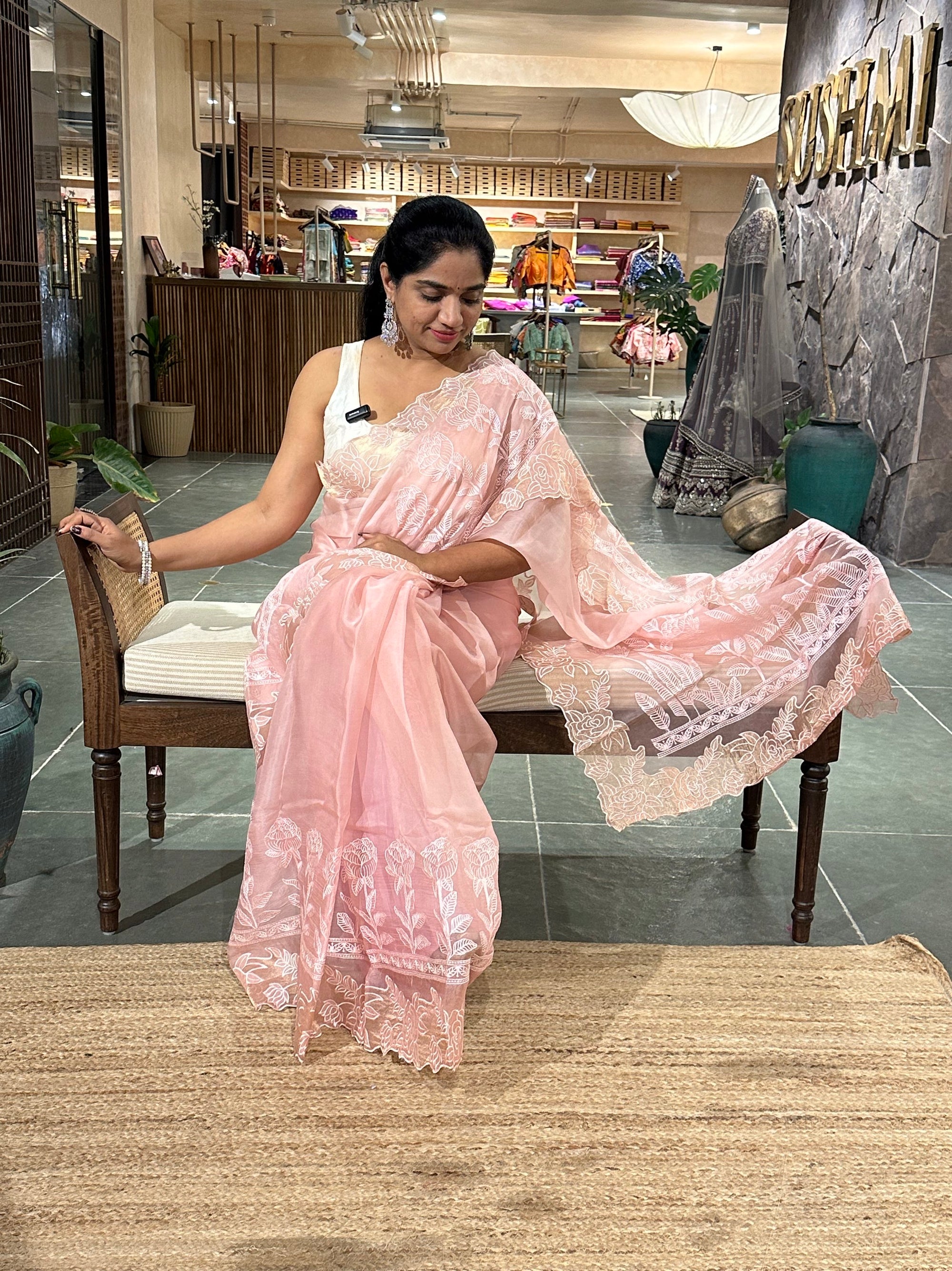 Blush Pink Pure Organza heavy  cutwork embroidered border saree