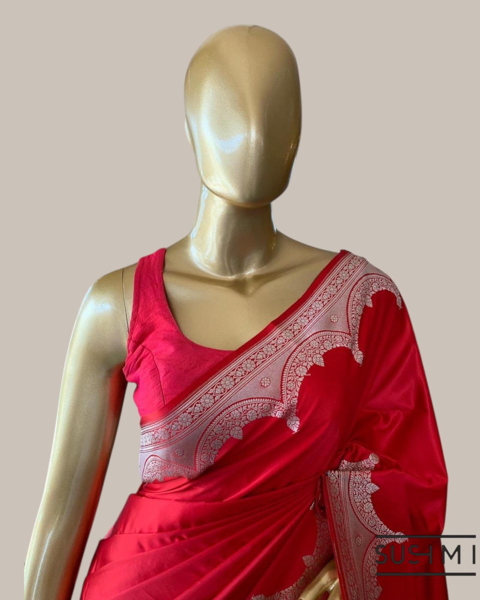 Chilli Red Mashru Silk Saree With Scalloped Border