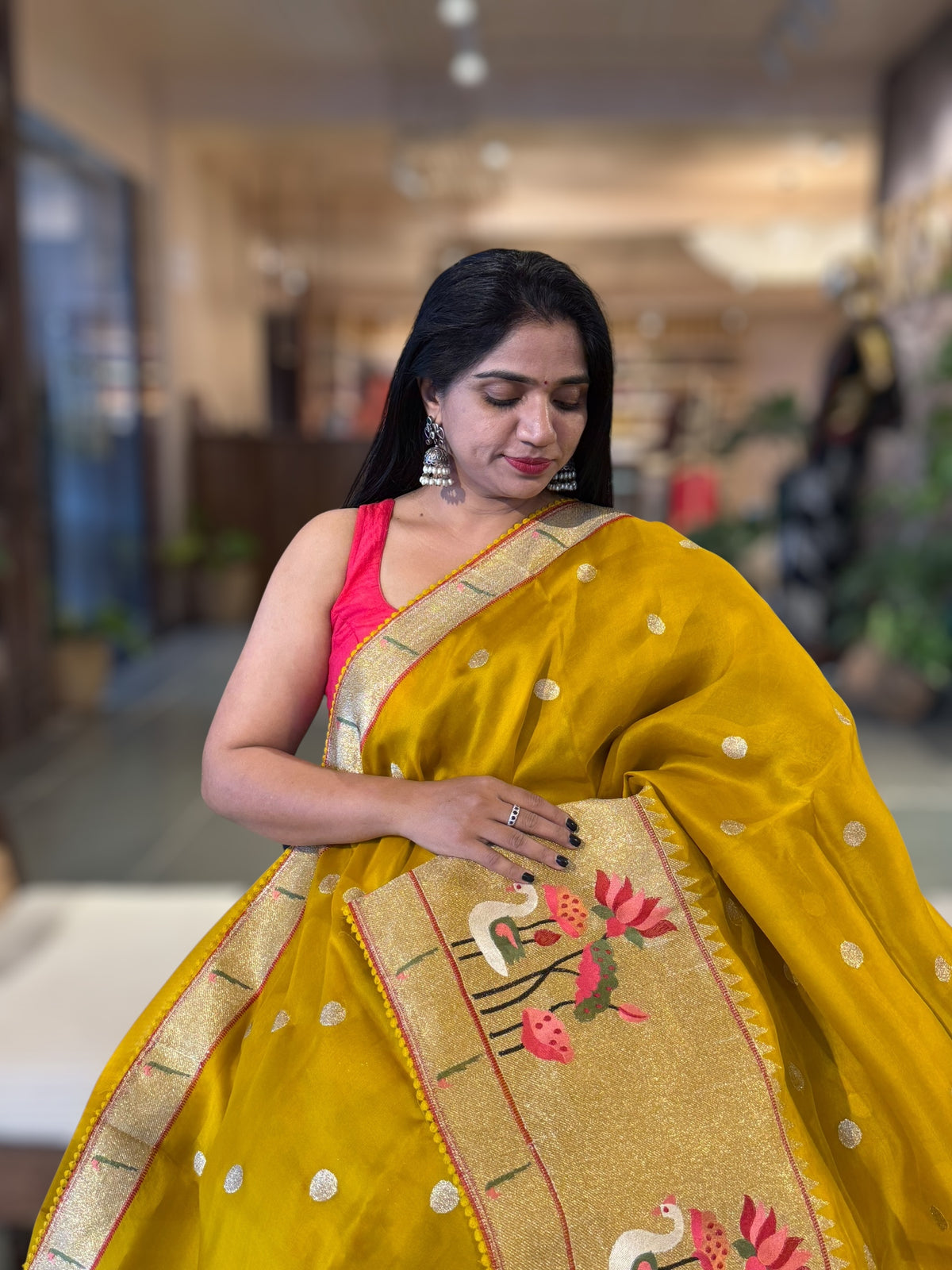 Mustard Pure Organza Saree With Pythani Embroidered Border