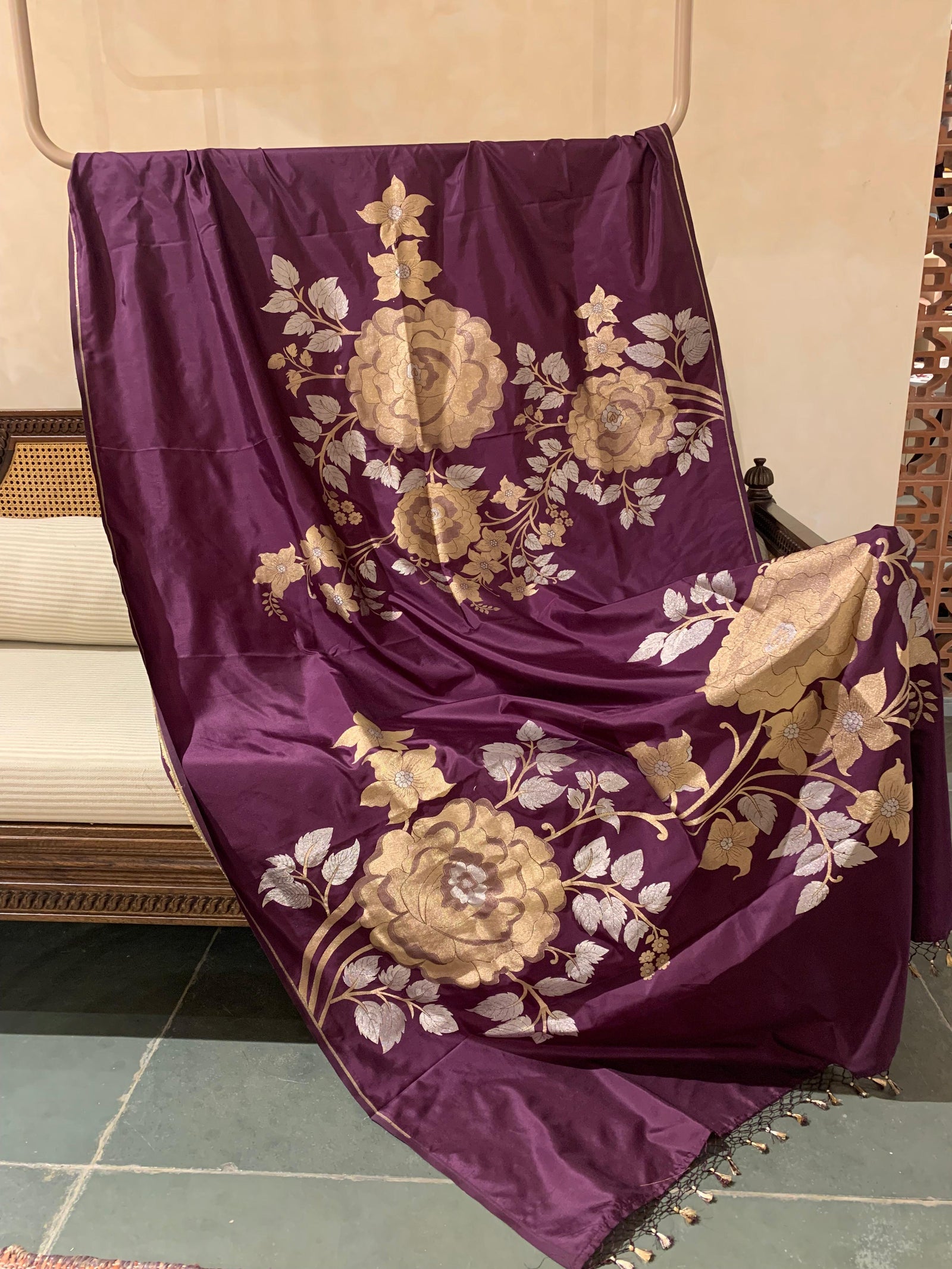 Wine and Antique Gold Designer Banarasi Silk Saree