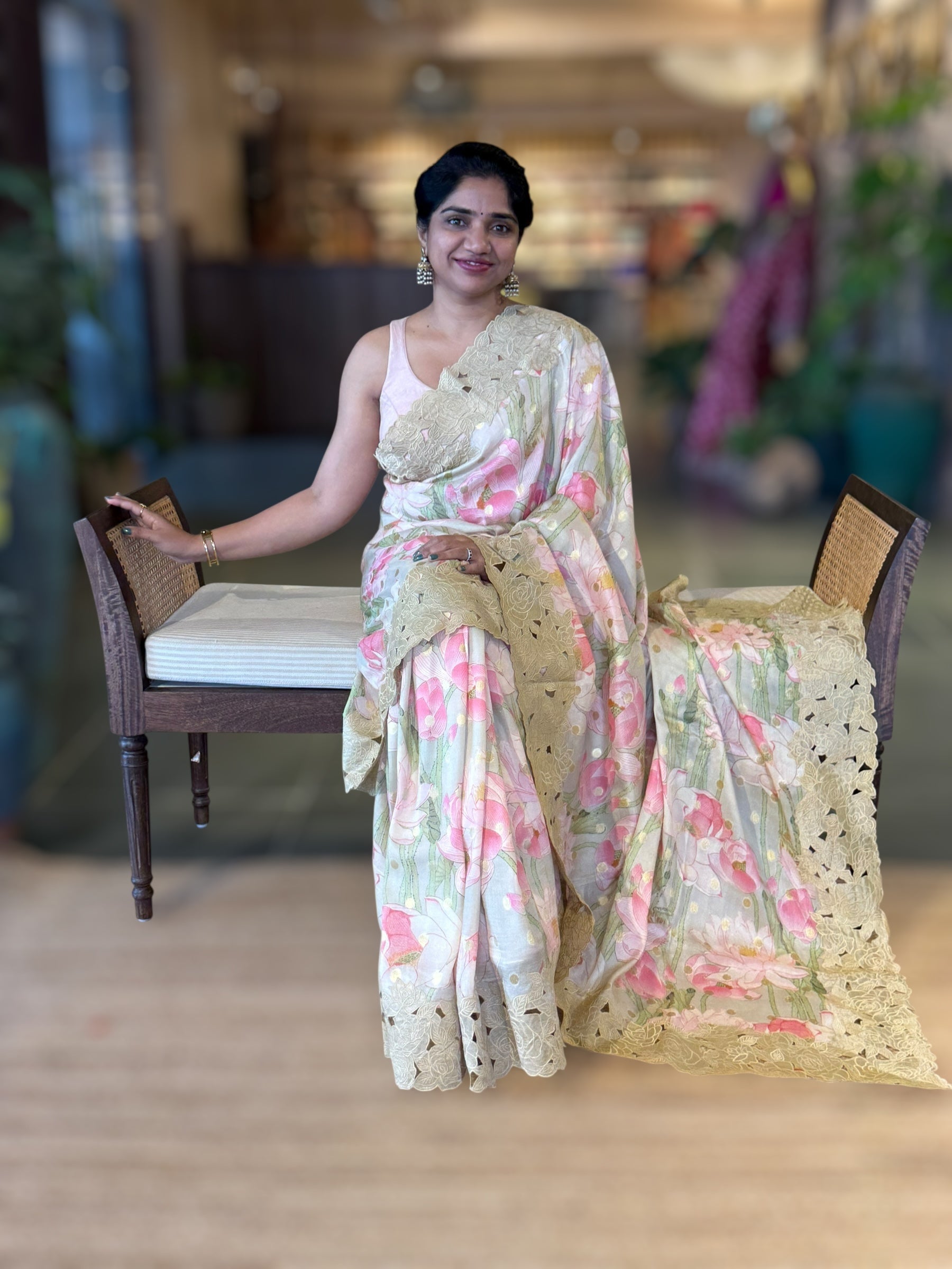 DustyTone Banarasi Printed Tussar Khaddi Gorgette Wth Tissue cutwork Rose Border