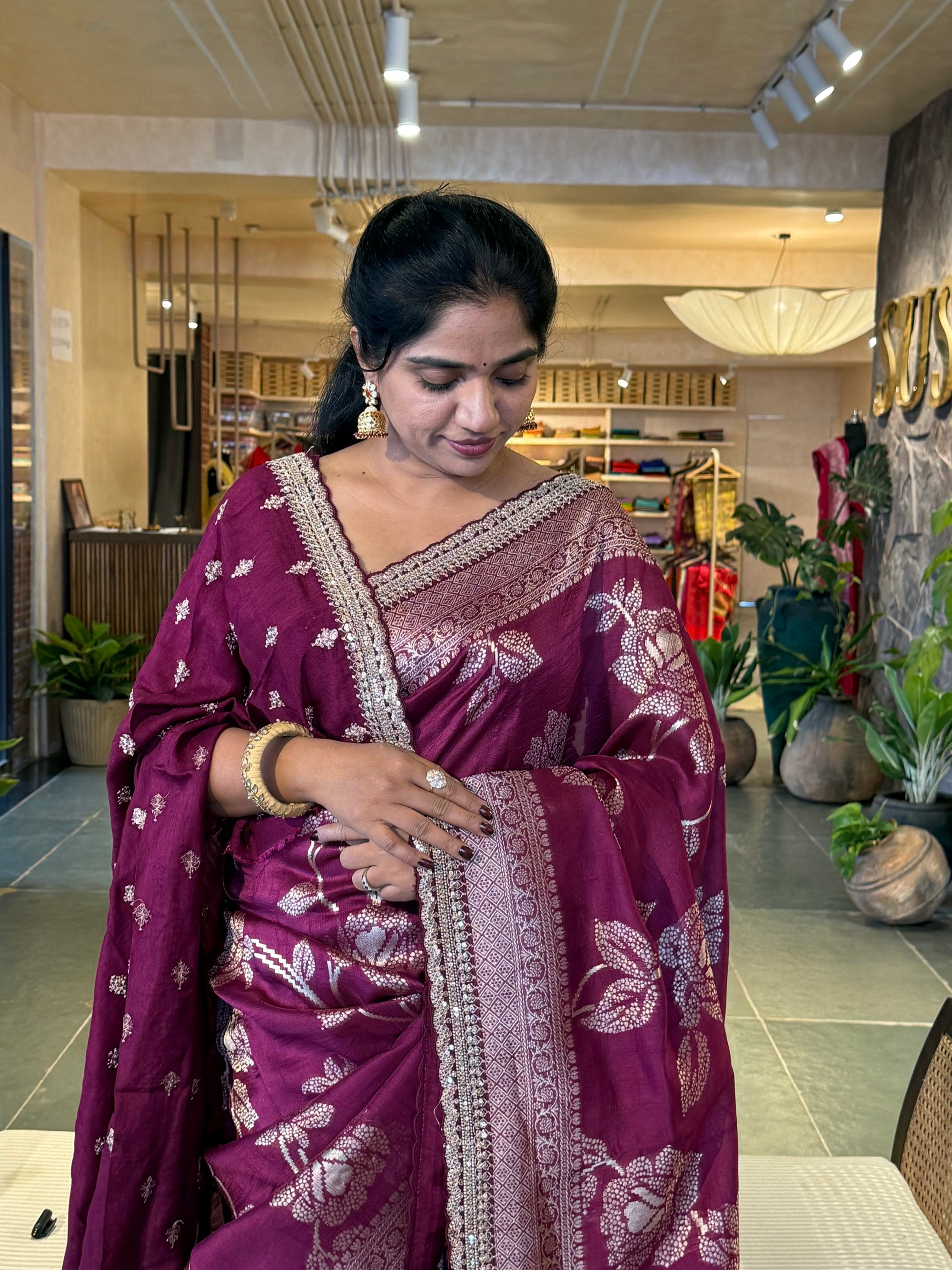 Wine Tussar Khaddi Saree with Allover weaving and sabhyasachi borders STKM15
