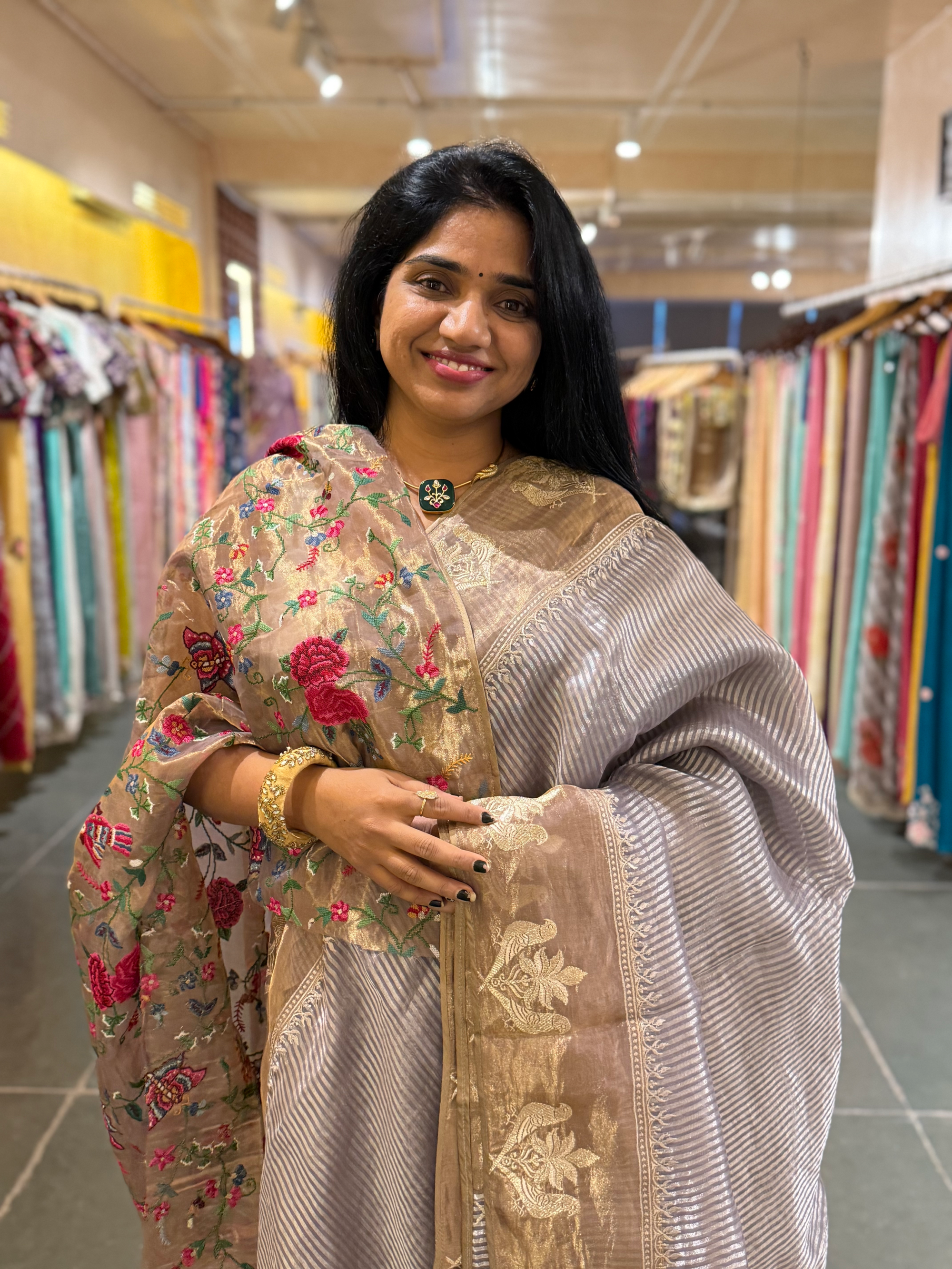 Dusty Purple Kora Tissue stripes saree wth tissue Embroidered Border