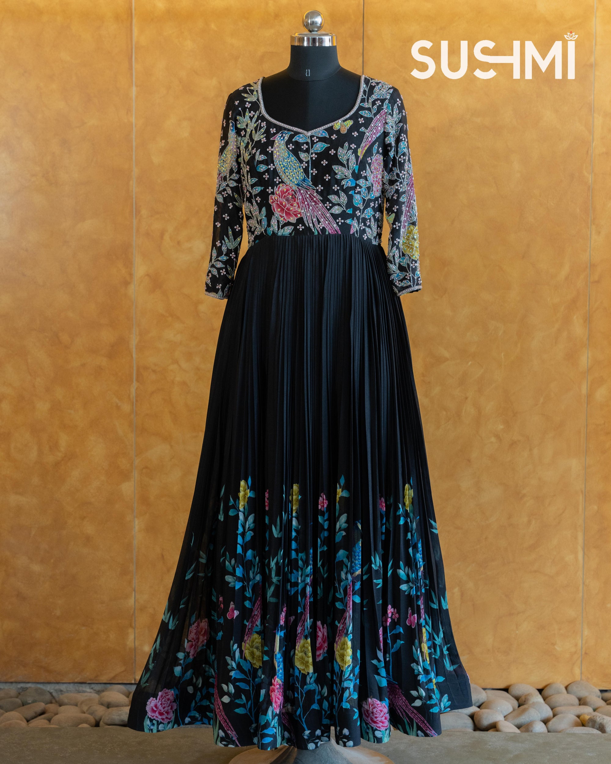 Pure Chinnon Printed Long Frock with handwork yoke