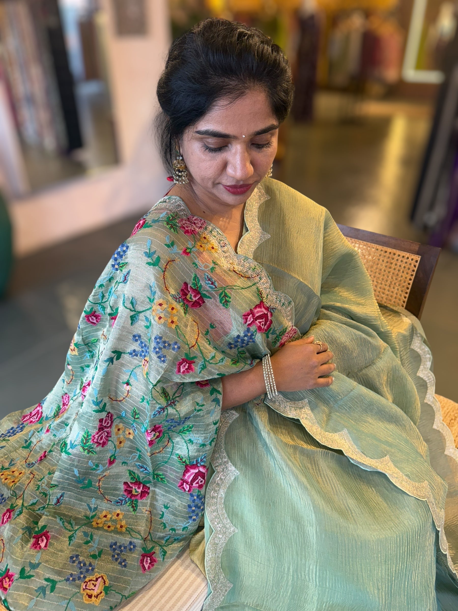 Ombre Dyed Crush Tissue Saree With Pitawork Border & Petite Point Embroidered BP