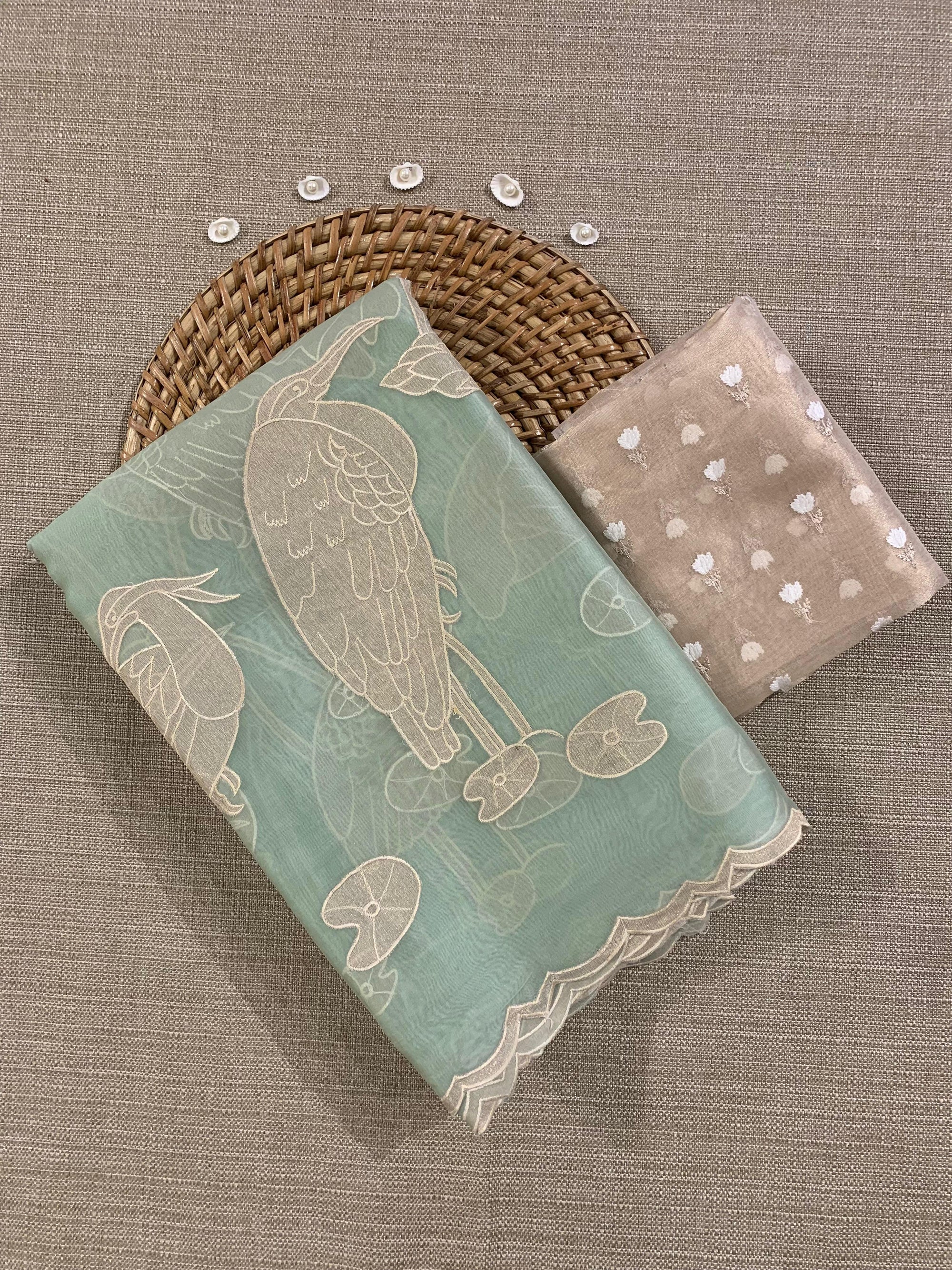 Mint Green Pure Organza Designer Saree with Allover Tissue Applique Embroidery
