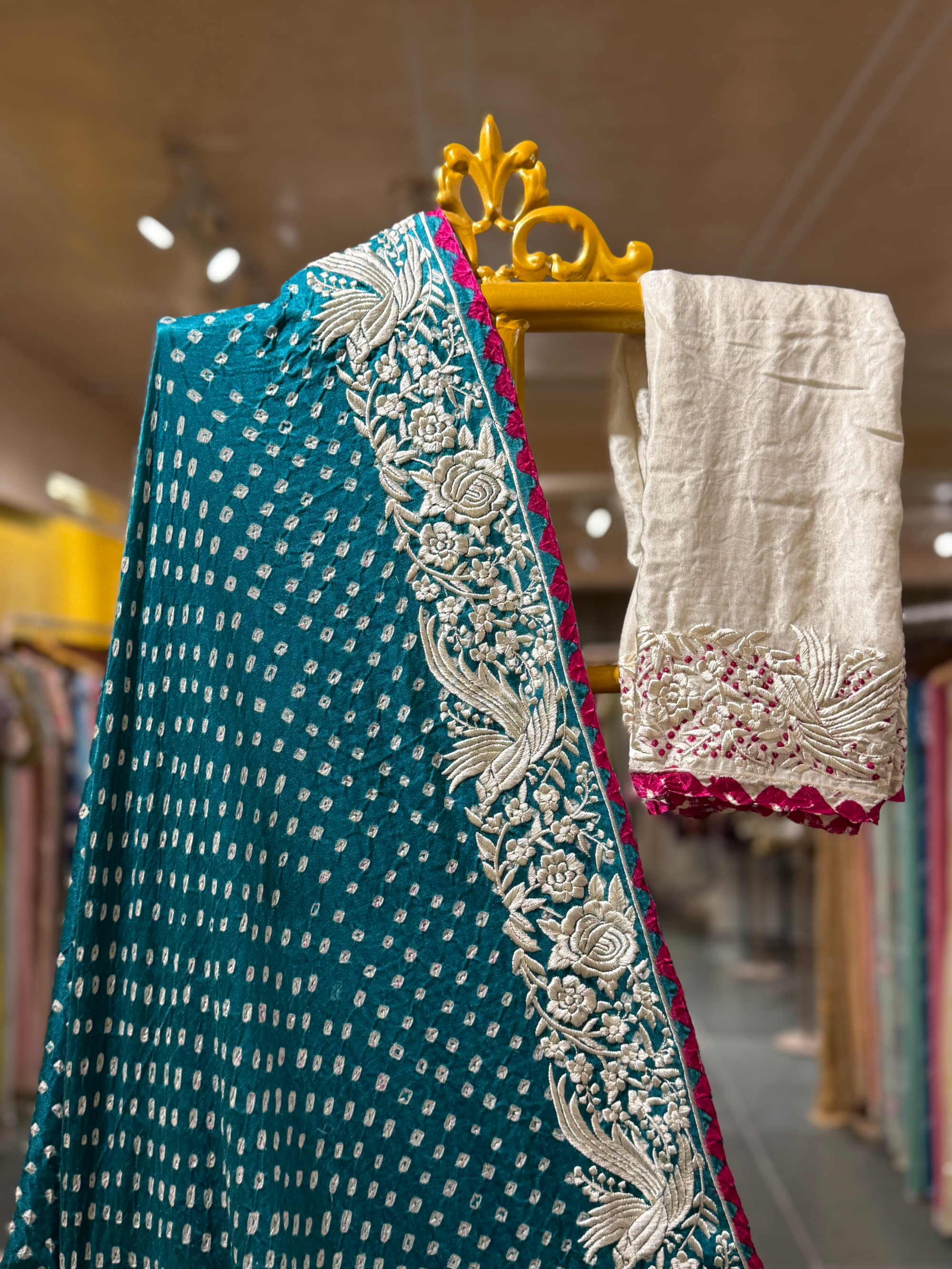 Peacock Blue Pure Gajji Silk Kutch Bandhej Saree with Parsi Gara Embroidery