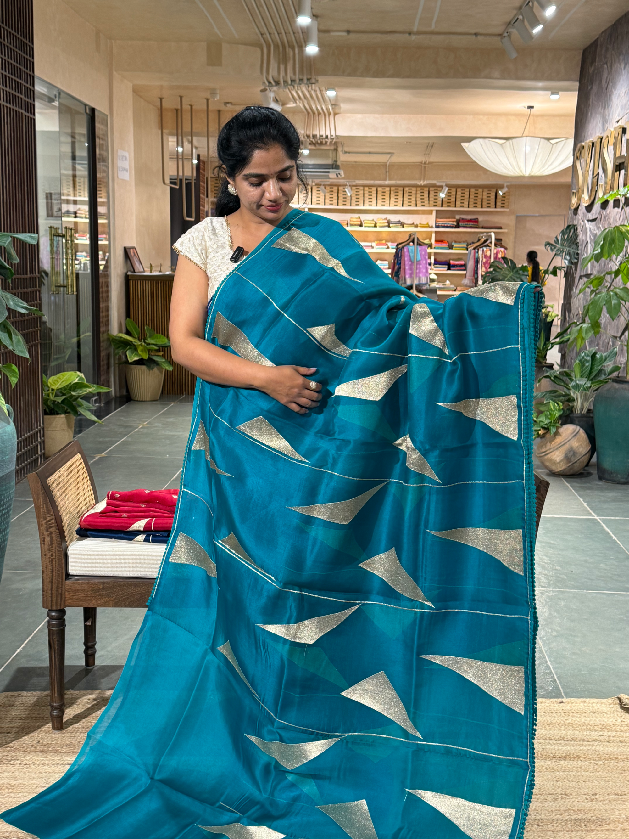 SOCA105 Teal Pure Organza Silk Saree in contemporary style