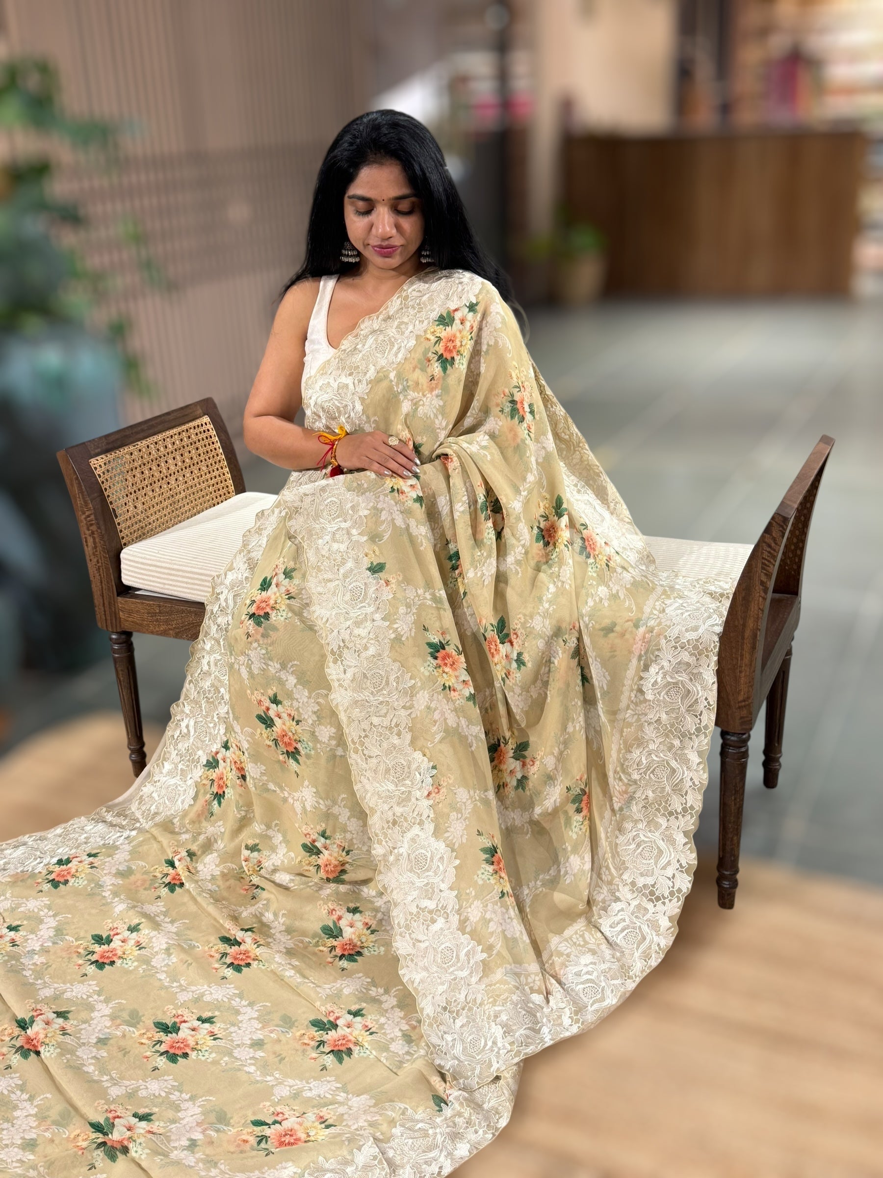 Wheat Gorgette Printed Saree With Chatilly Lace Style Cutwork embroidered Border
