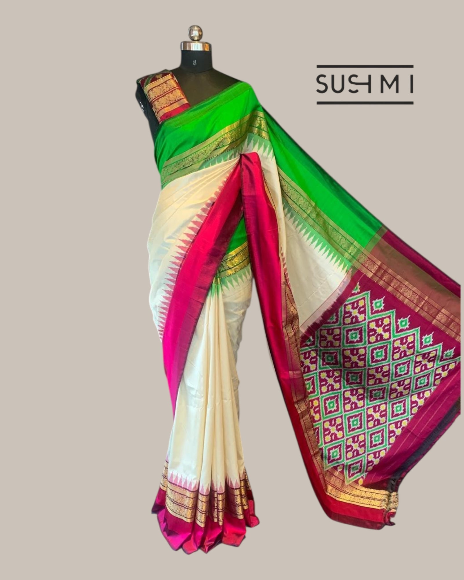 Pure Handloom Twill Ikkath Kanchi Saree With Ganga Jamuna Borders