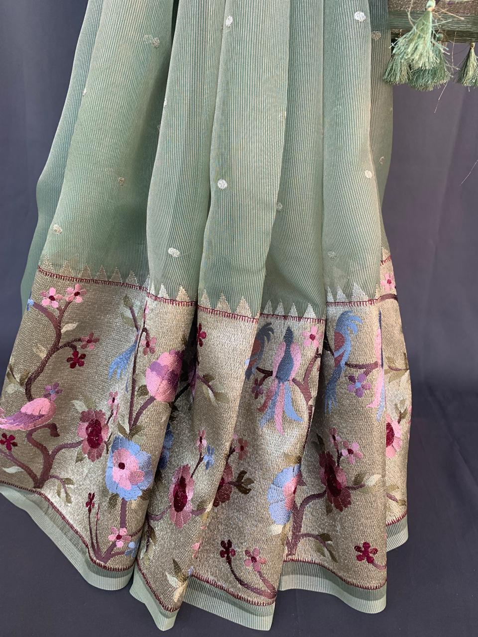 KTPA1412 Mint Kota Tissue Stripes Saree with Tissue Pythani Skirt Border