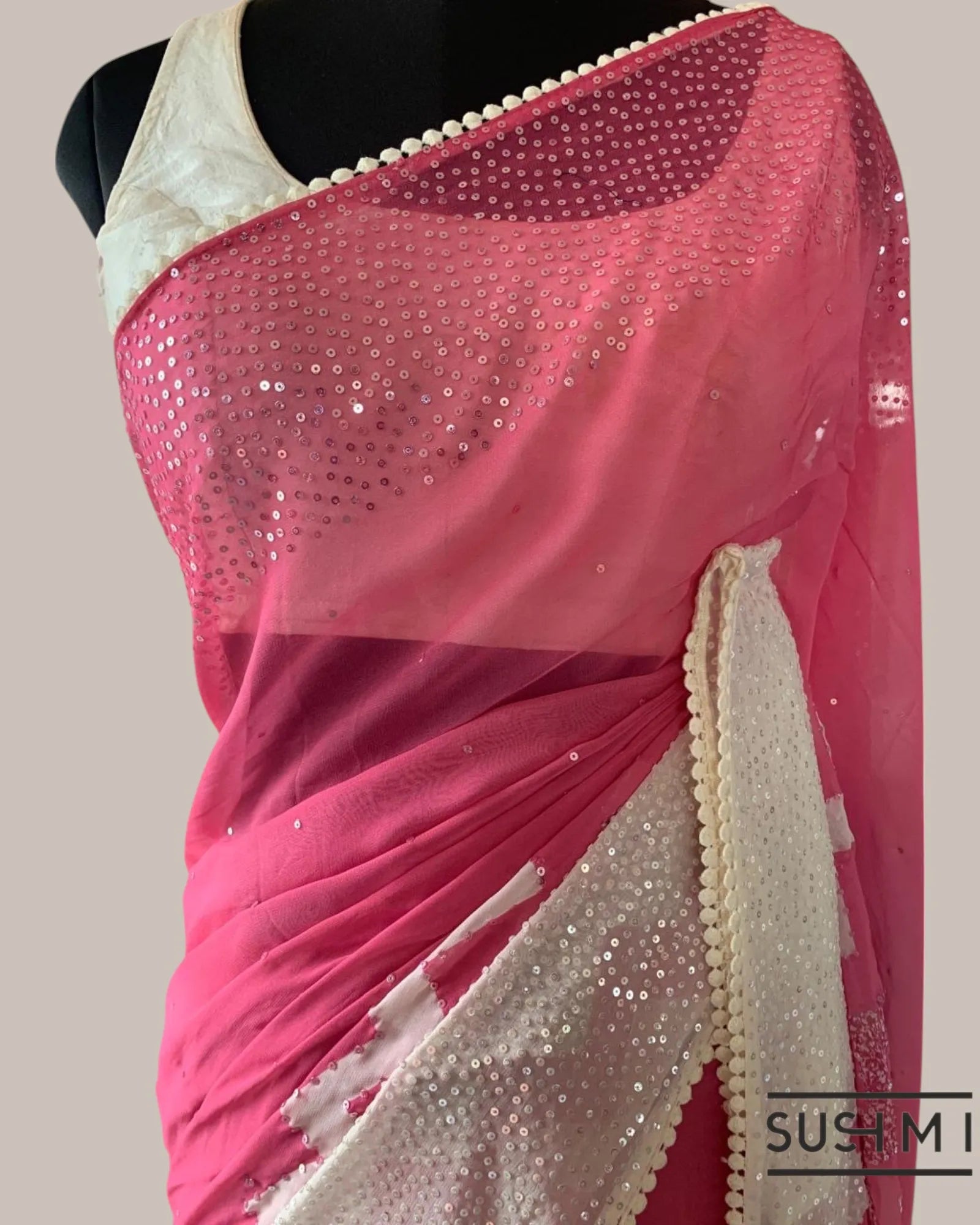 Coral Pink Pure Gorgette Saree With Zigzag Pattern Sequnce Border