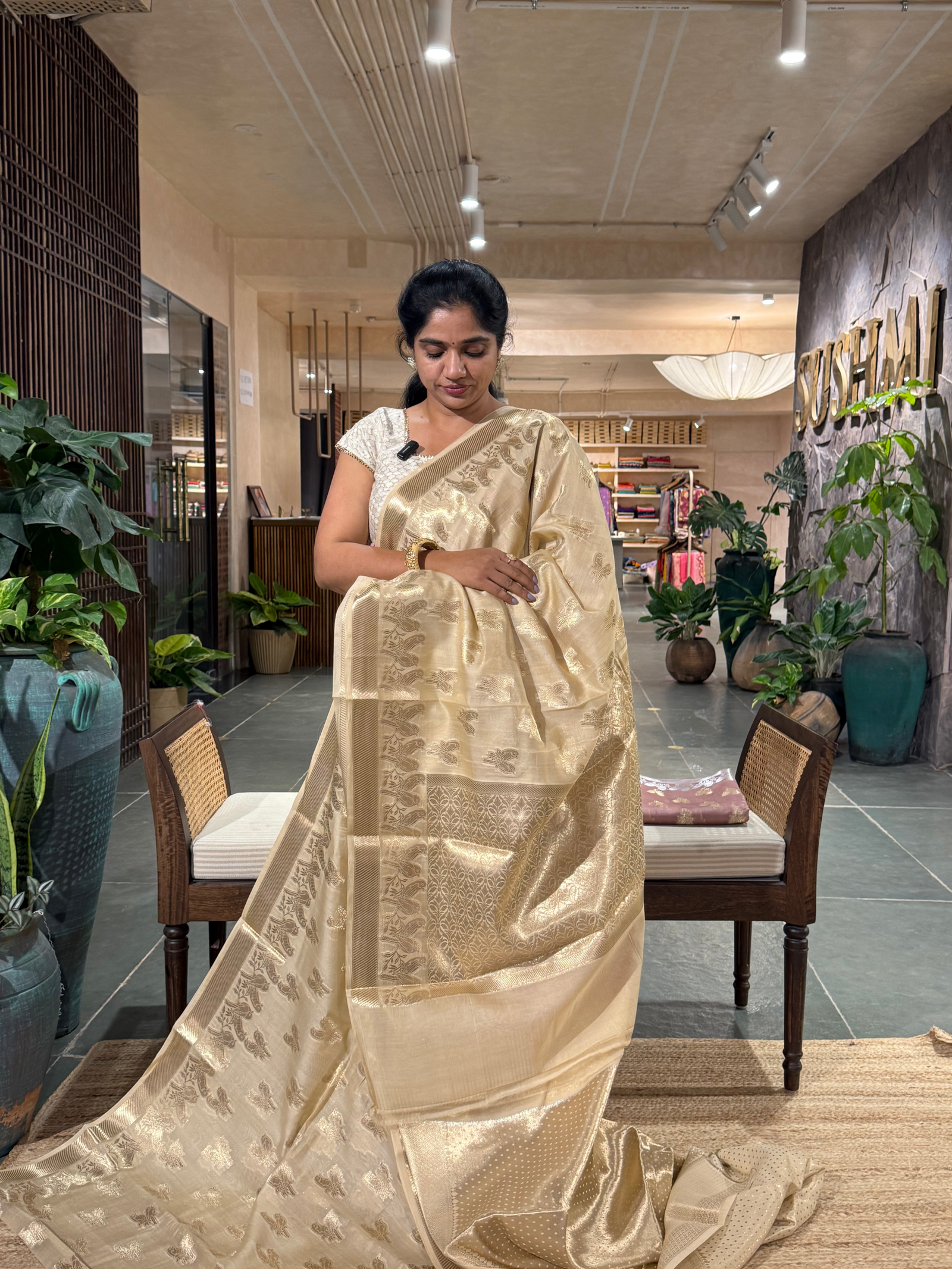 BMSA1407 Beige Banaras mul silk Cotton allover love birds weaving  Saree