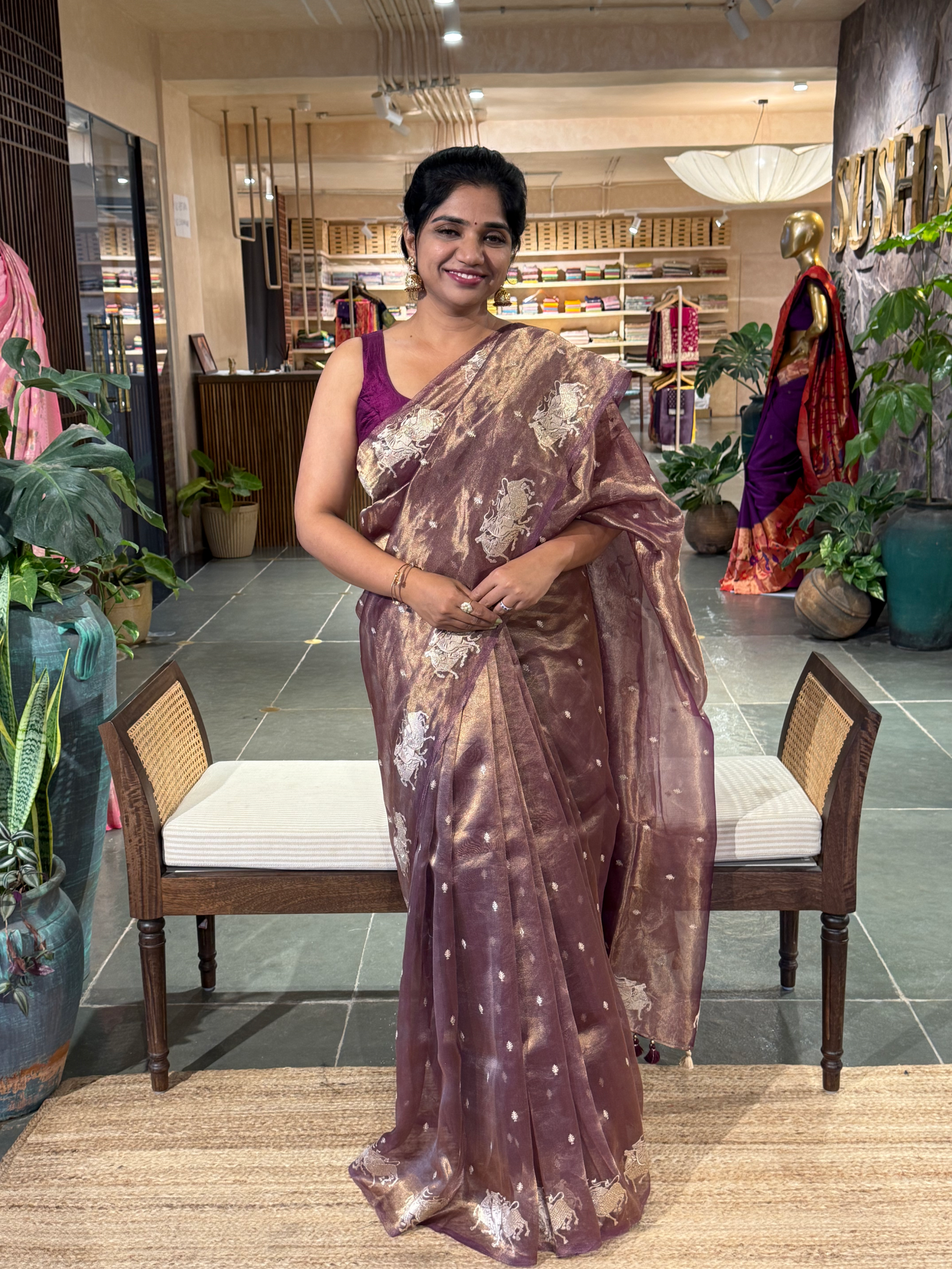 Purple Tissue  Saree with  Nandi Embroidery & Stripes Tissue  Blouse