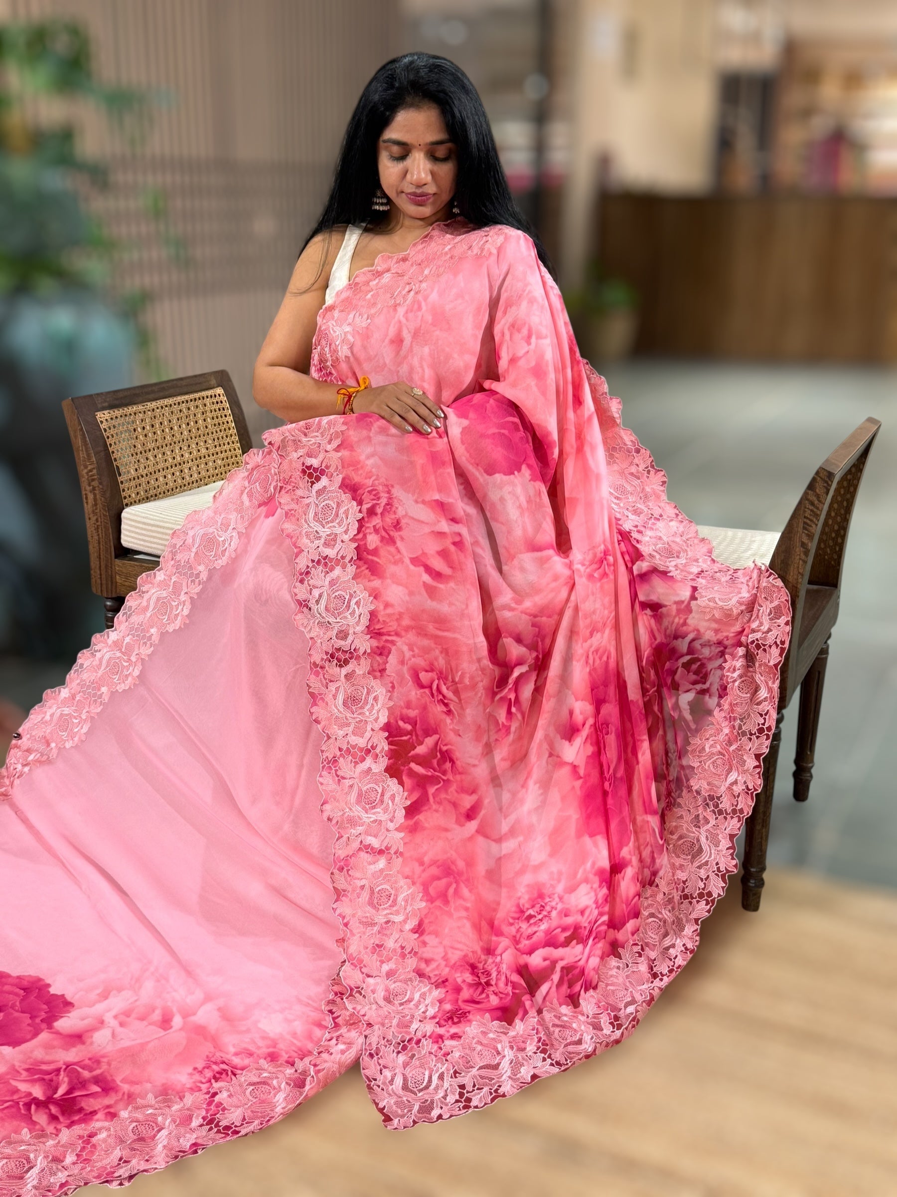 Onion Pink Gorgette  Saree With Chatilly Lace Style Cutwork embroidered Border