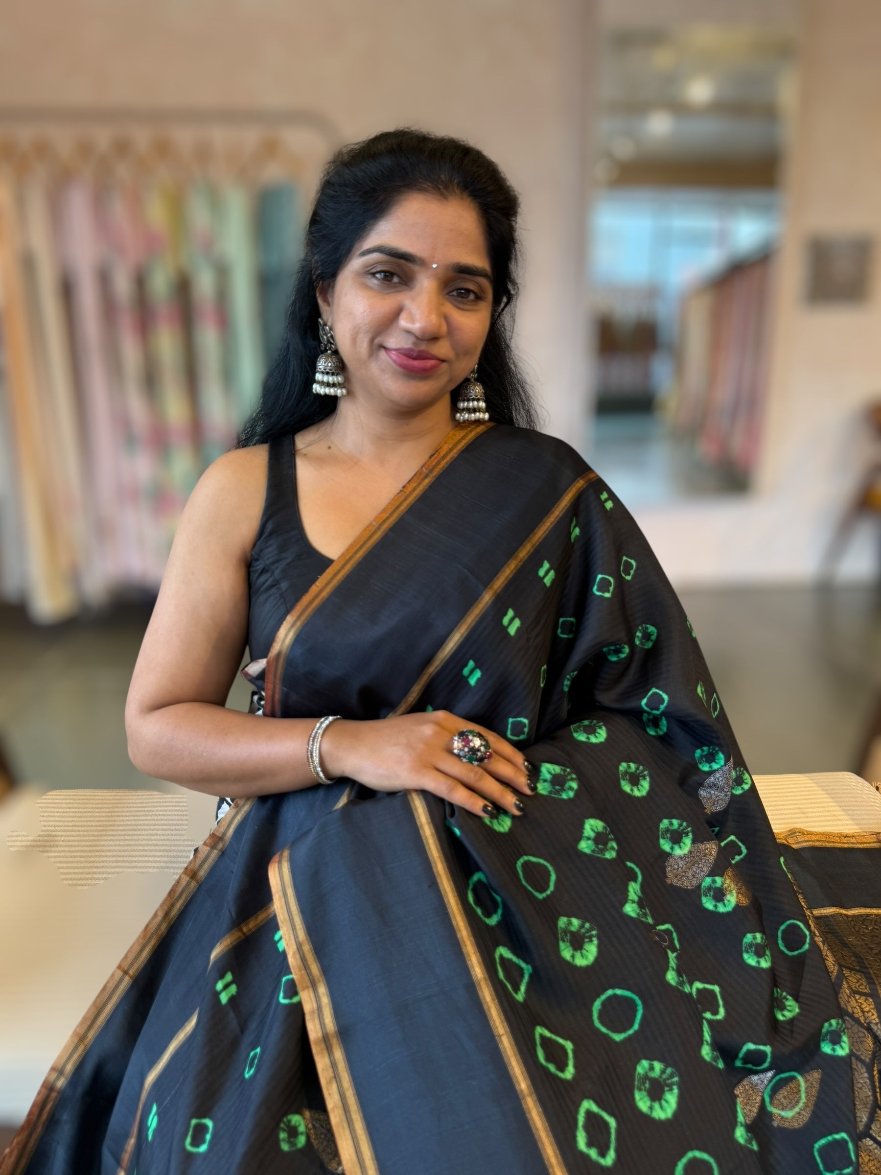 Black Kanchi Soft Silk Saree with Bandhini Print