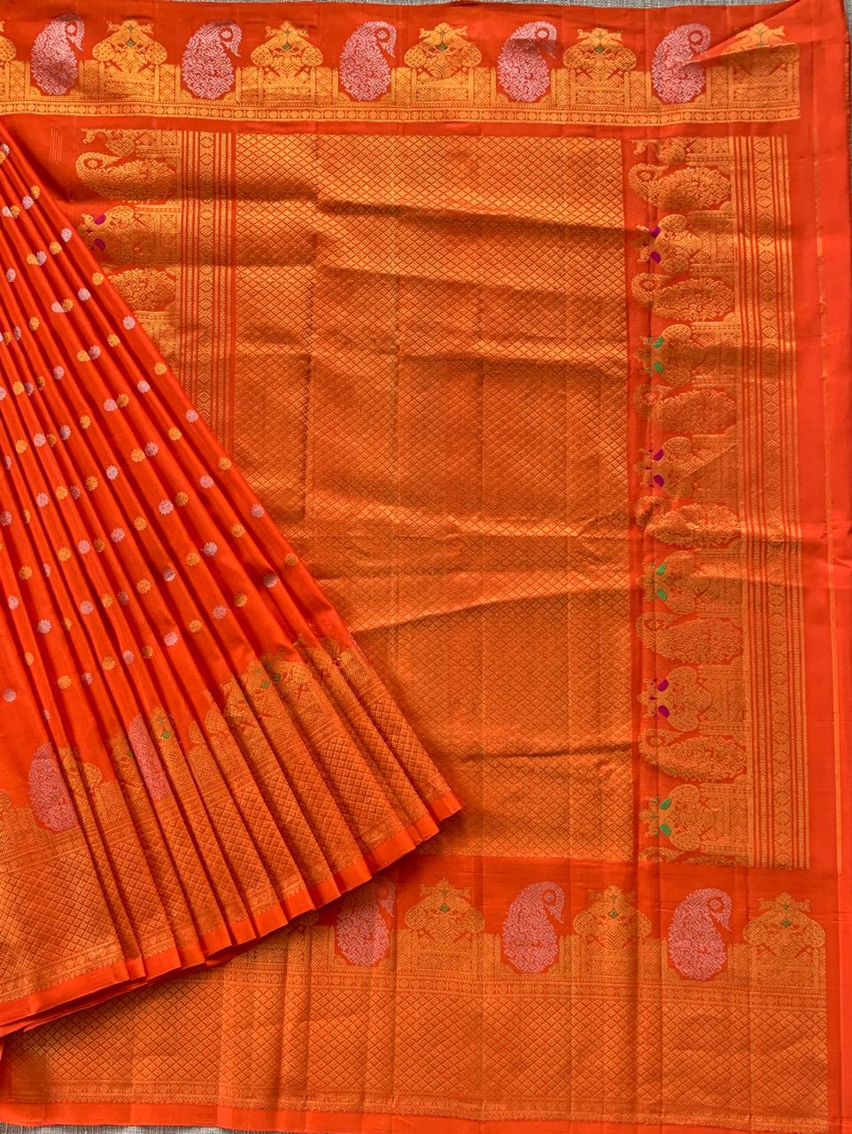 Orange  Pure Handloom Gadwal Saree Turning Borders