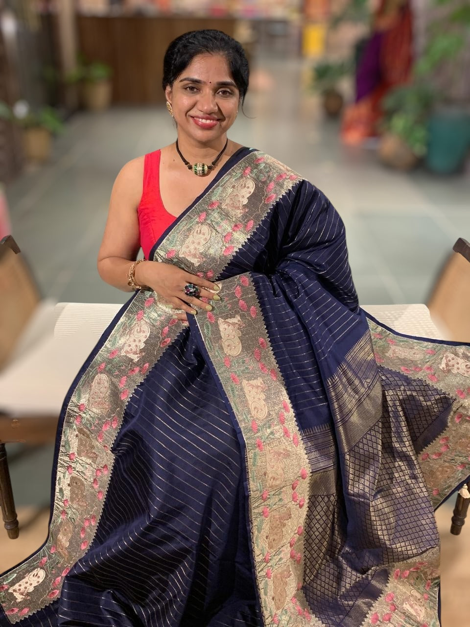 Midnight Blue Kanjeevaram Silk Saree With Tissue Pichwai Embroidery Border