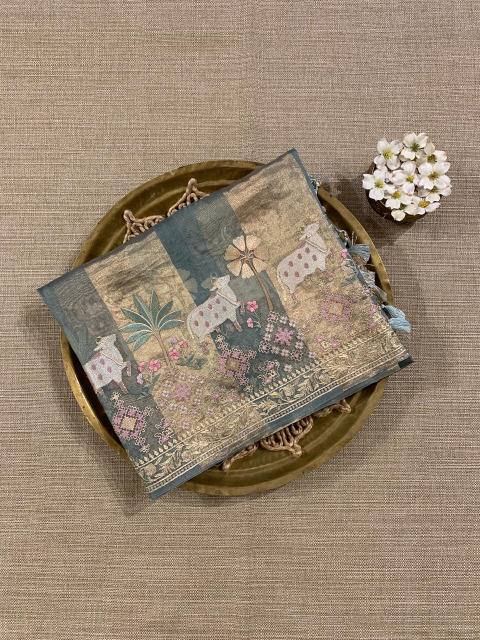 Greyish Blue Kora Tissue Stripes with Pichwai & Jamdani Inspired Embroidery