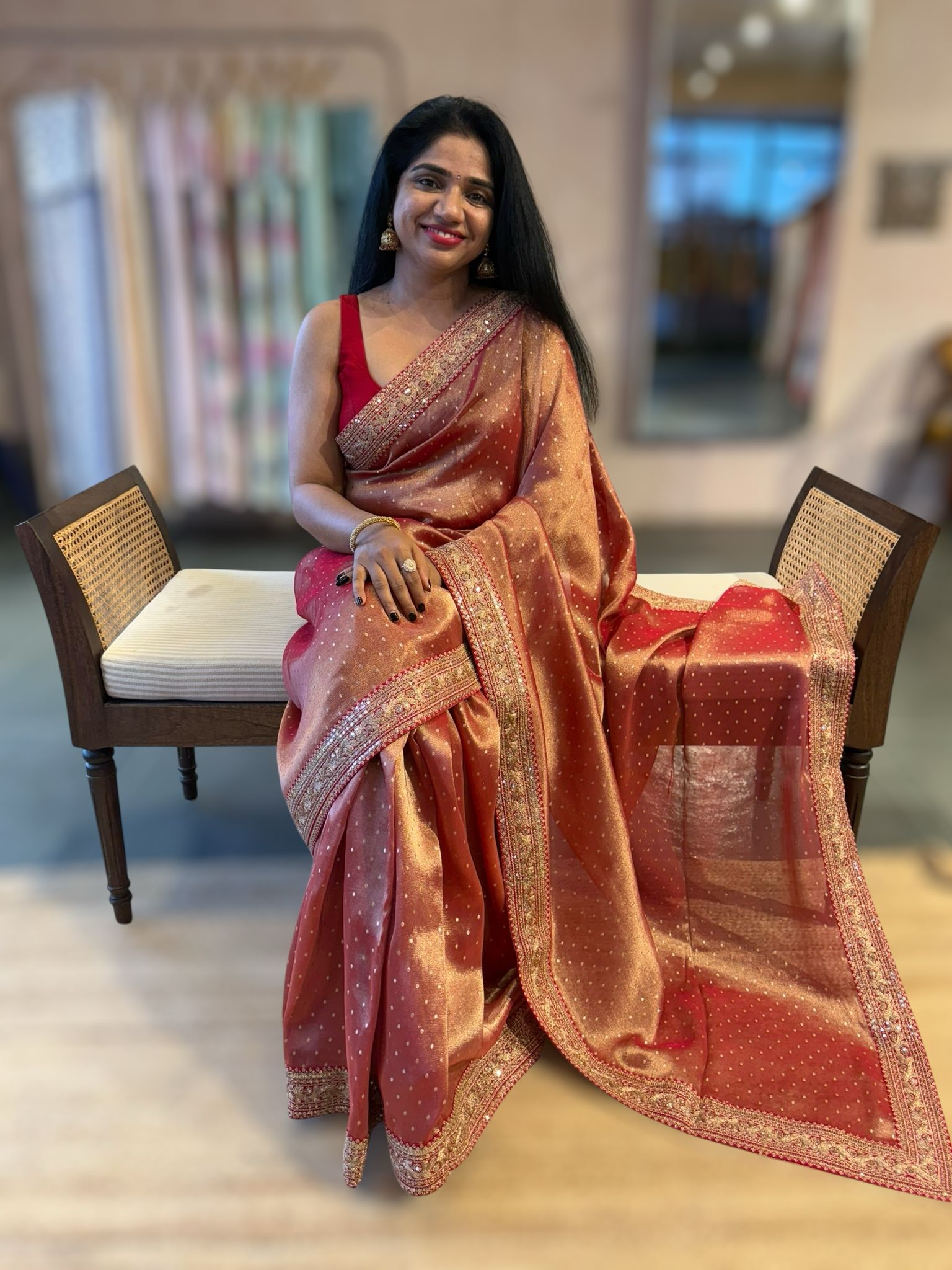 Red Tissue Gorgette saree witj sabyasachi borders and allover pitawork blouse