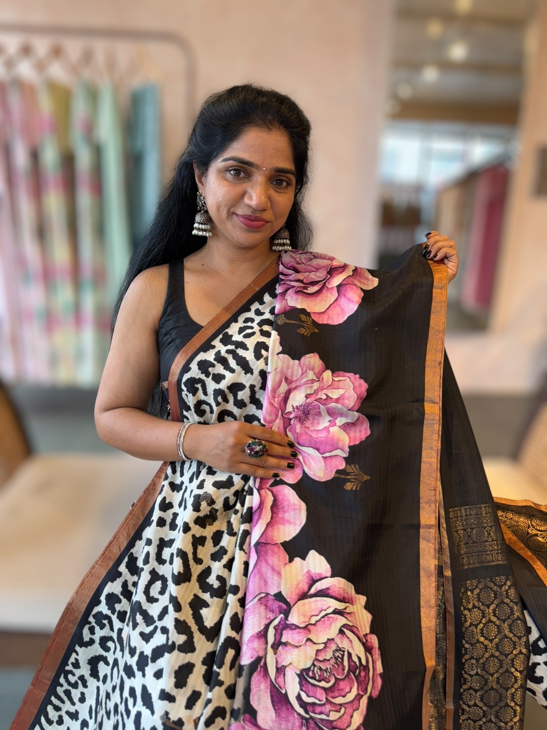 Kanchi Soft Silk Saree with Leopard and Statement 3D Rose Print