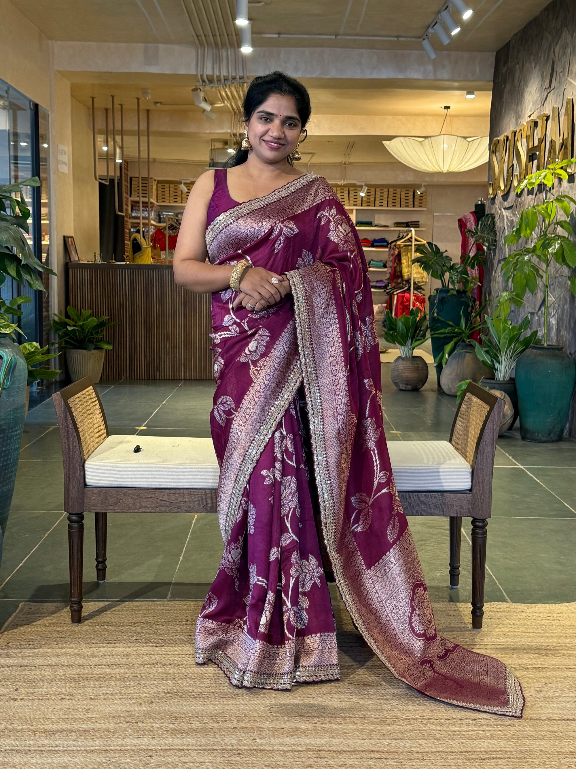 Wine Tussar Khaddi Saree with Allover weaving and sabhyasachi borders STKM15