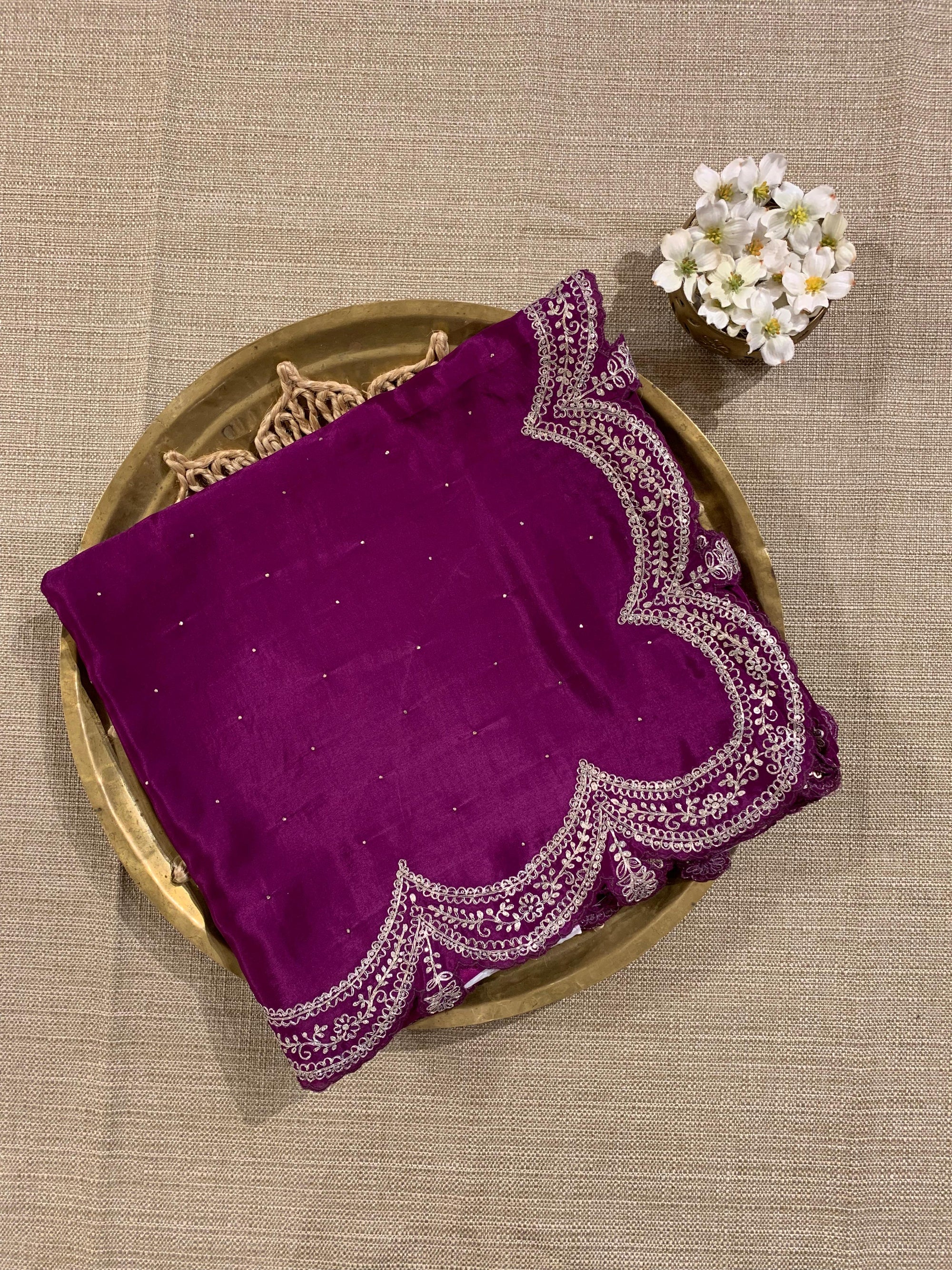 Wine Crepe Silk Saree With Pita Work Scallop Border