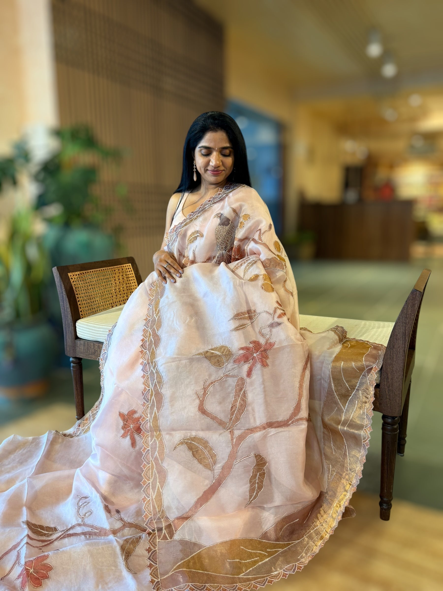 Dusty Pink Pure Organza Saree with one of a kind Tissue Applique work allover