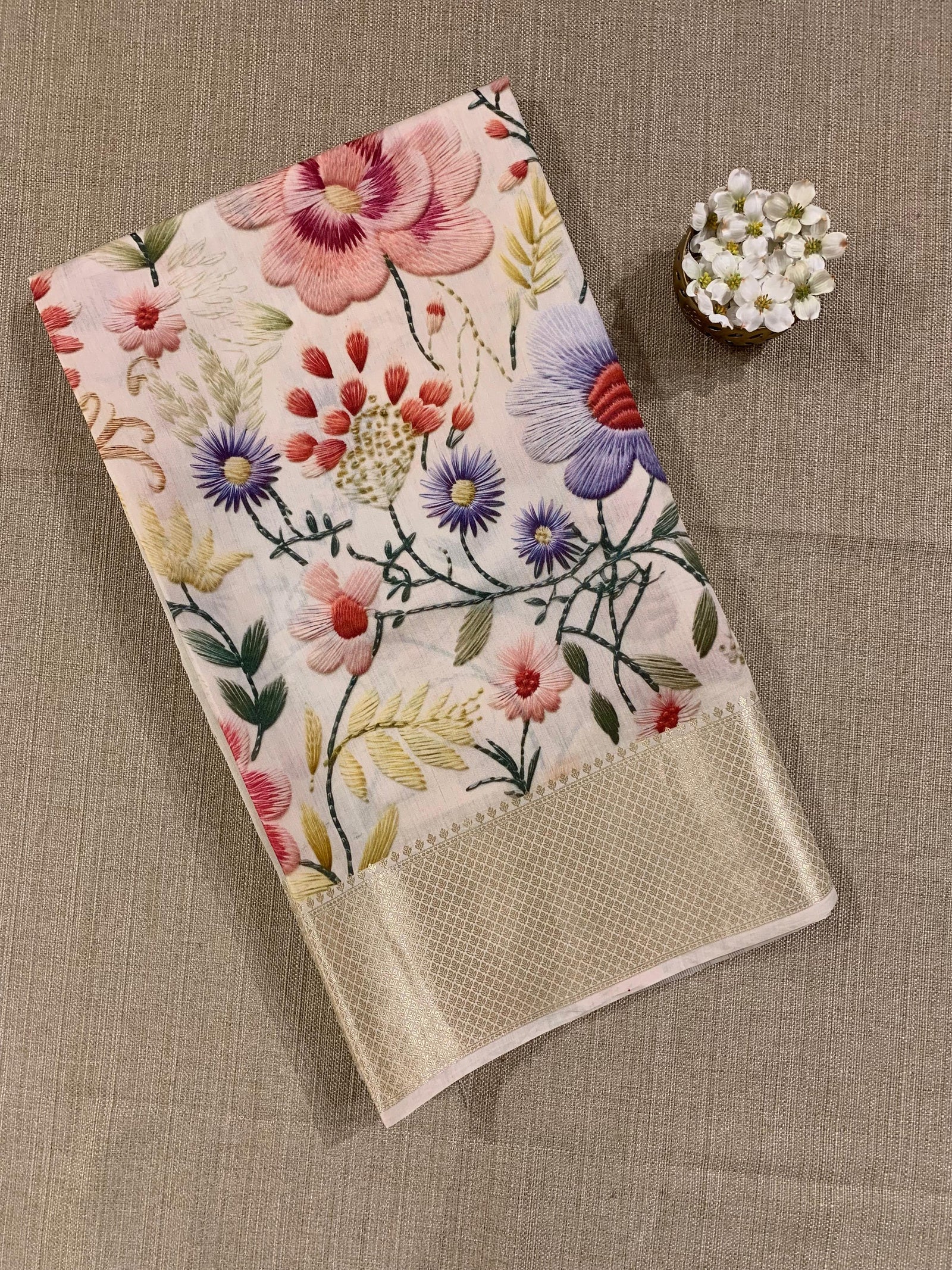 Banarasi Chiniya Silk Sarees with beautiful embroidery style 3D floral Print