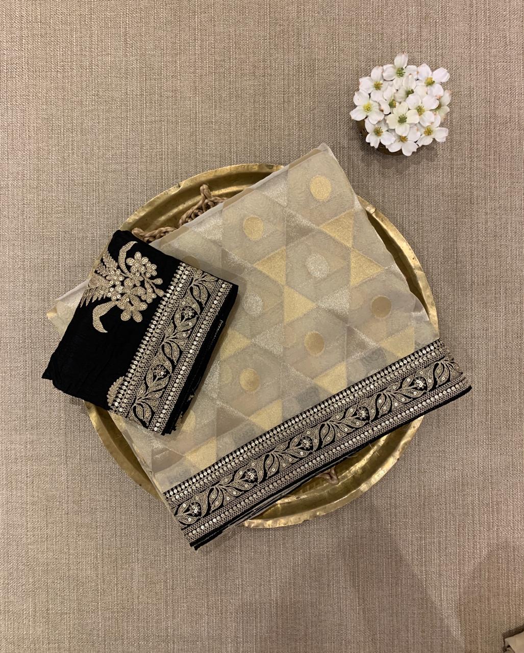 Ivory Kora Tissue Saree with Sabyasachi-Style Borders & Heavy Embroidered Blouse