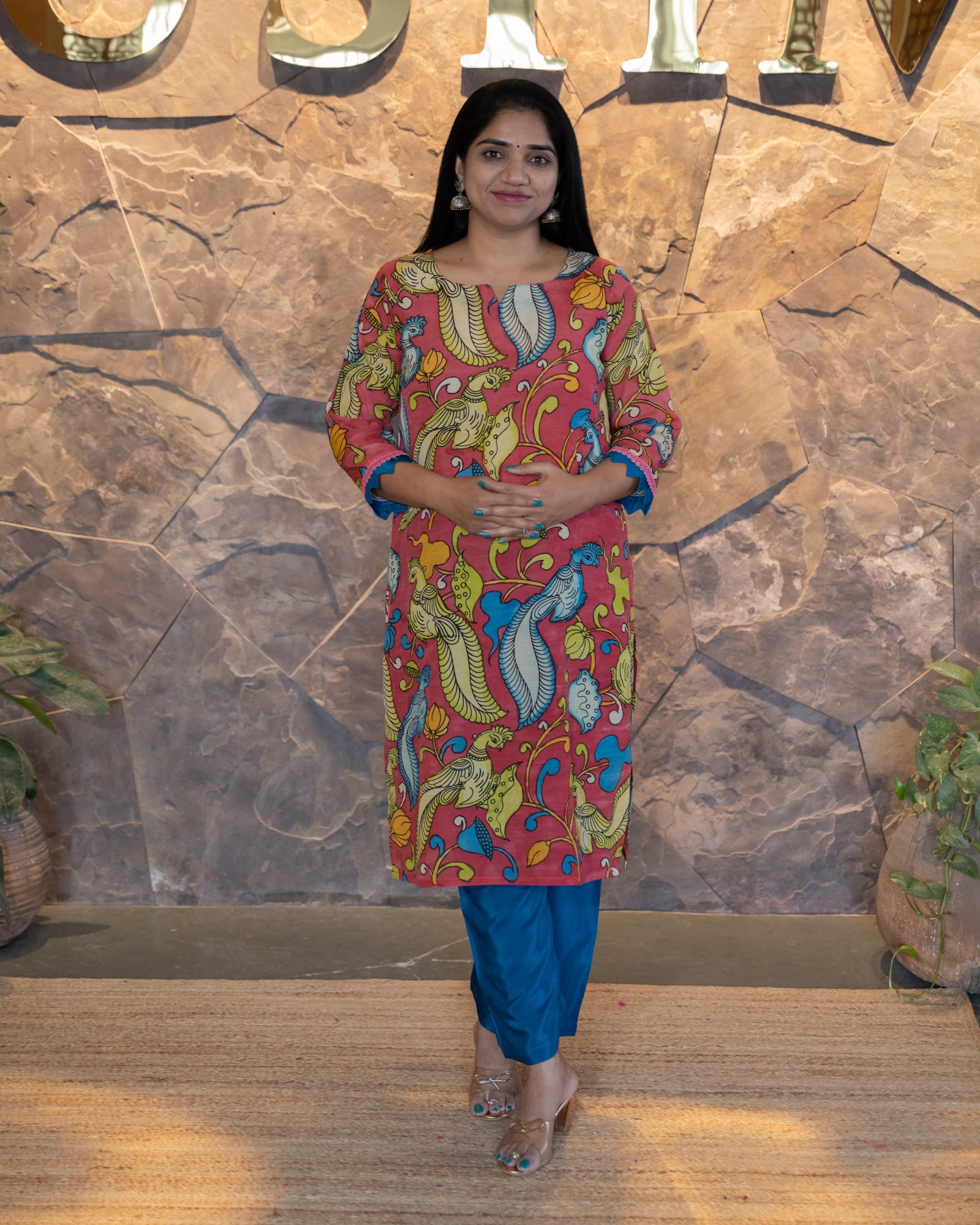 Statement Peacock Pen Kalamkari Silk Coordset