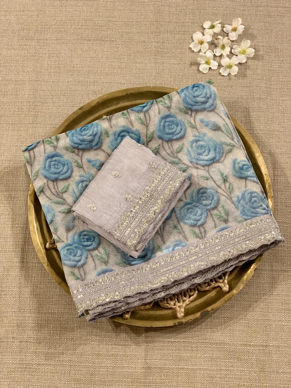 Tissue Gorgette Saree with 3D Floral Print hemlined with Sabhyasachi borders