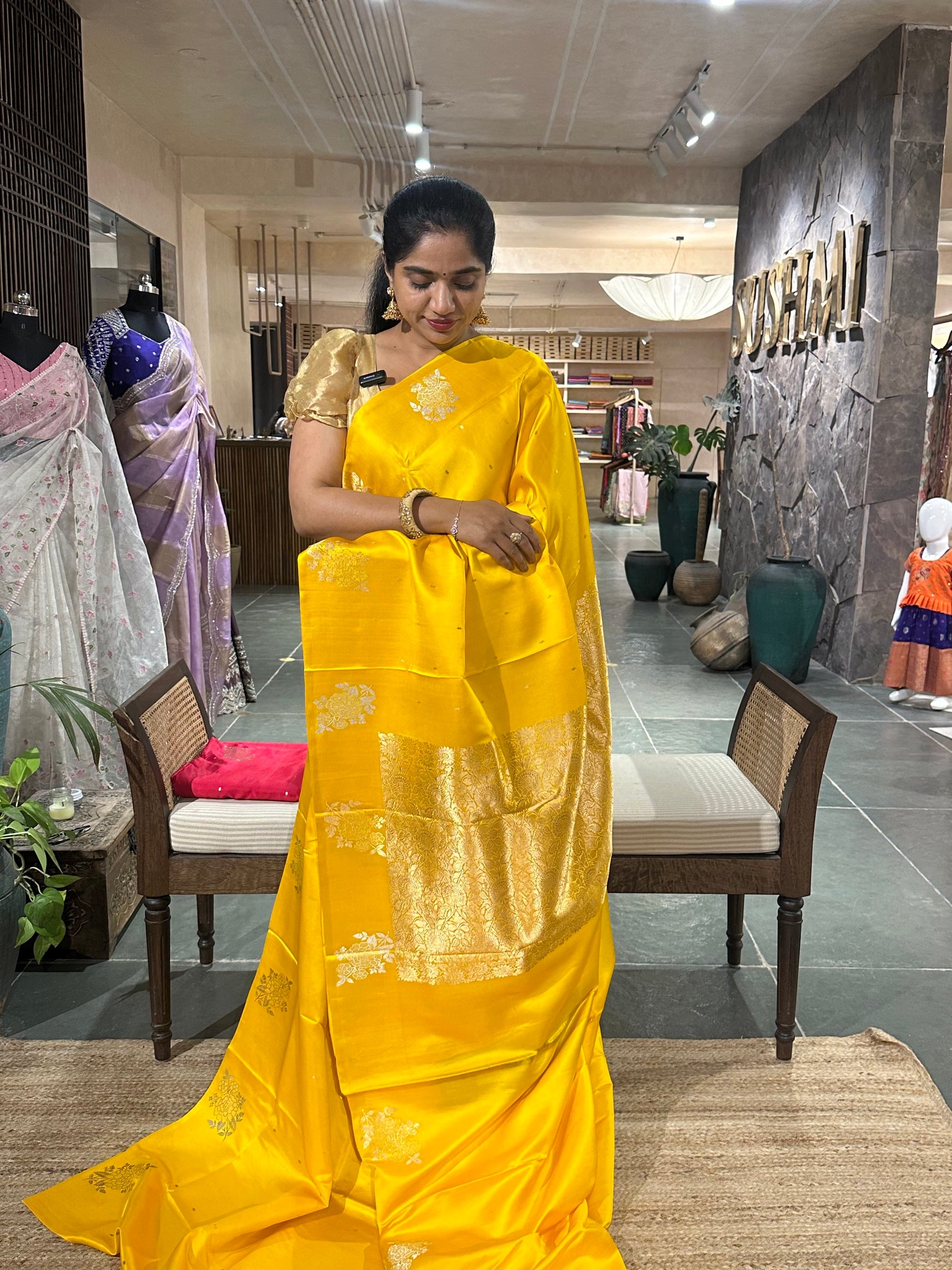Yellow  Pure Banarasi Handloom Mashru Silk Saree  with kaduwa weaving
