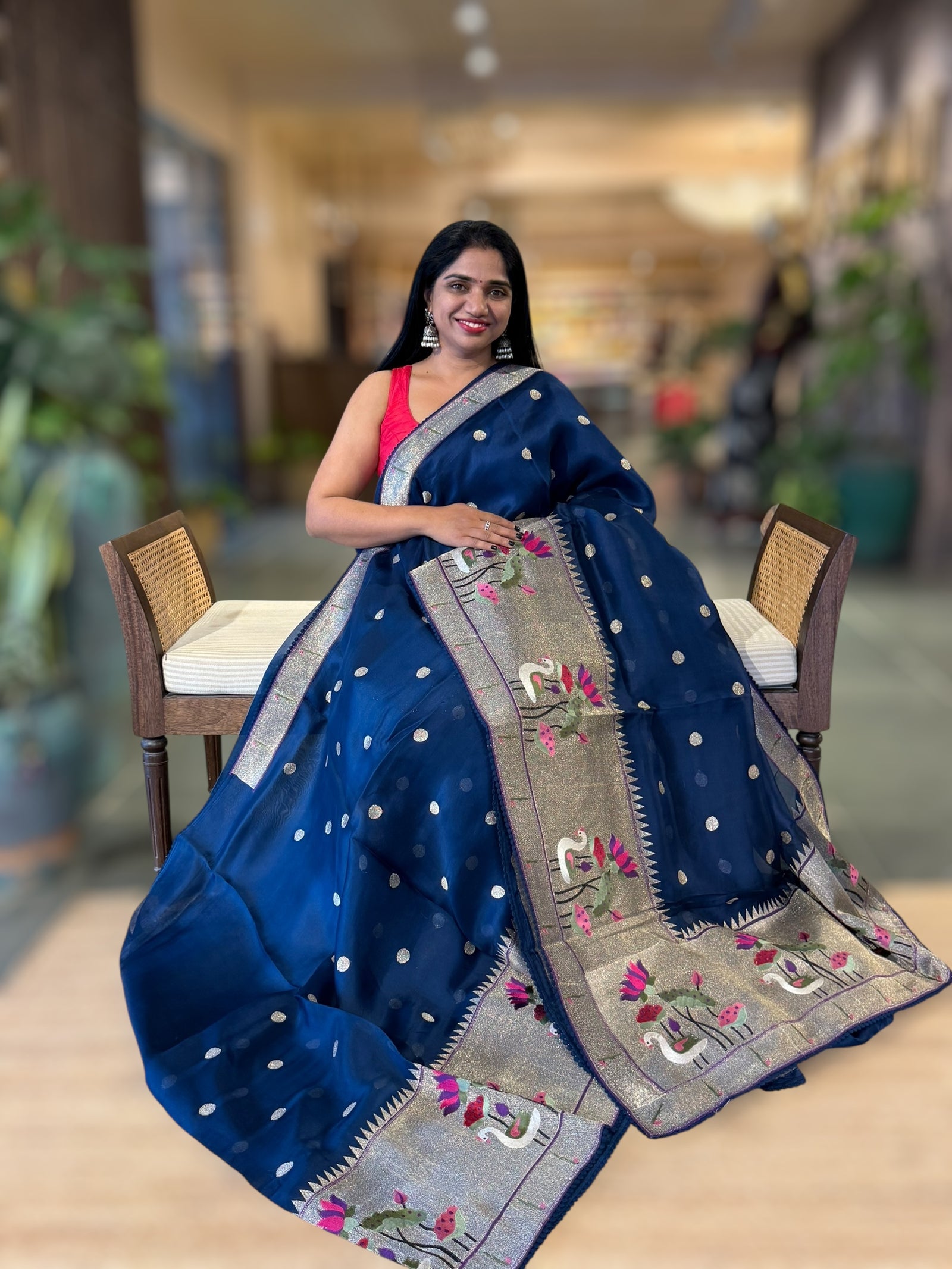 Peacock Blue Pure Organza Saree With Pythani Embroidered Border