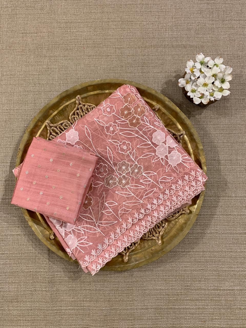 Peach Pink Organza Applique work Saree