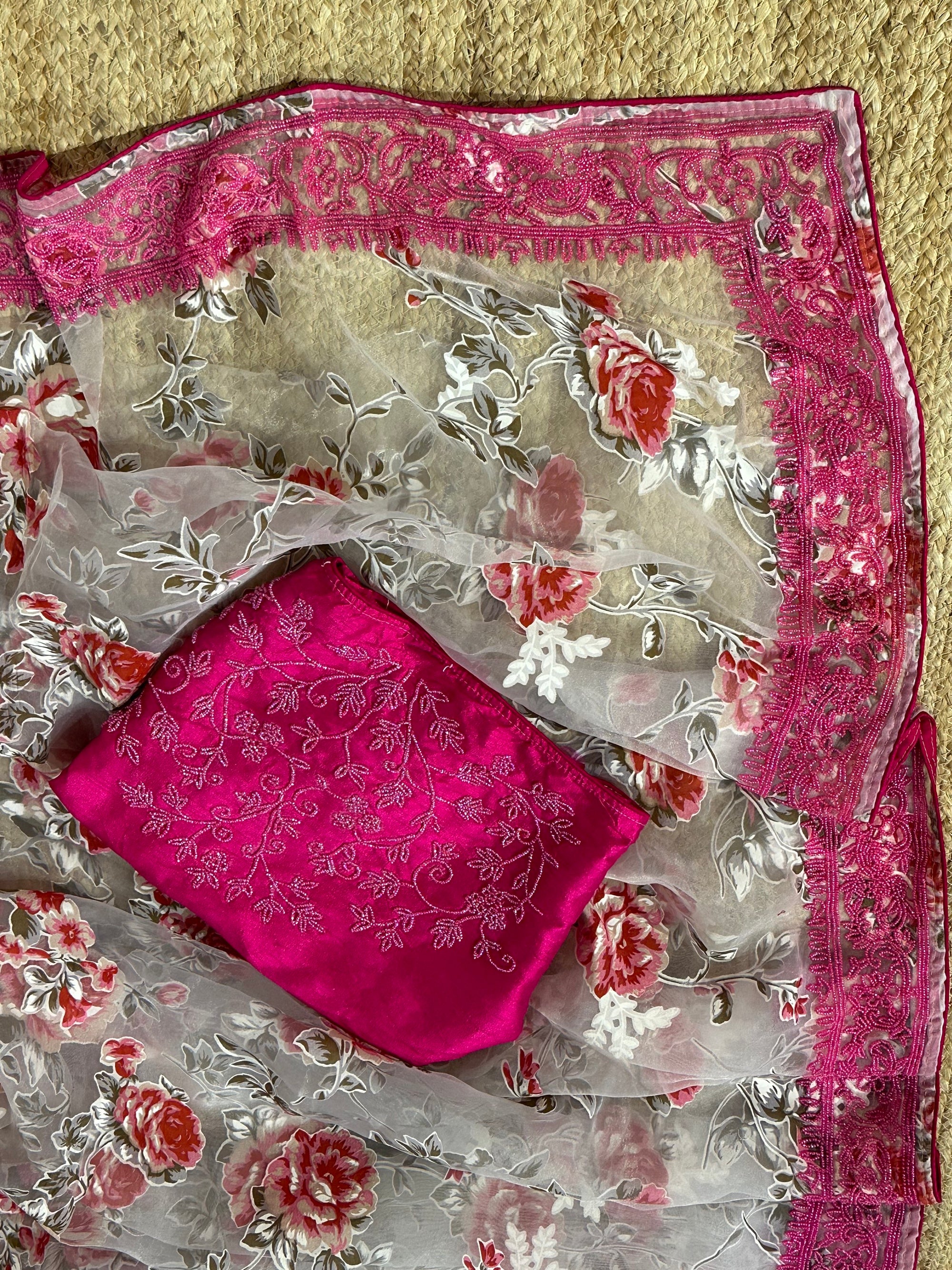 Glass Organza Floral printed Saree with heavy beadwork border and blouse