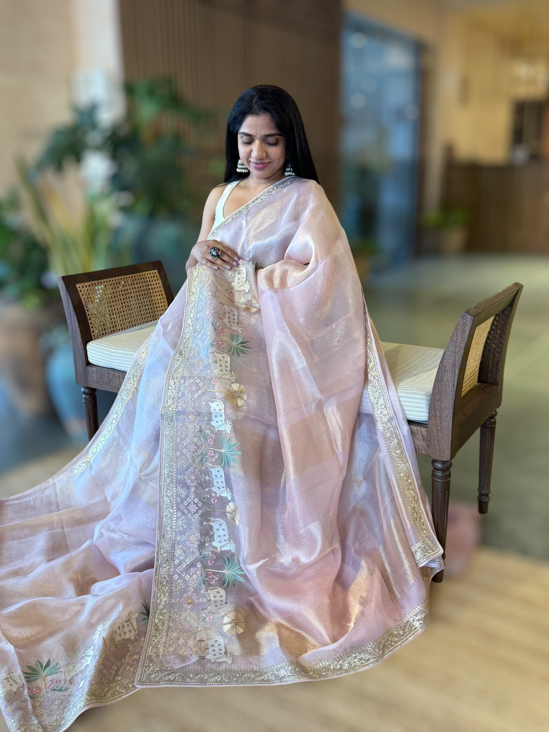 Pale Pink Kora Tissue Stripes Saree With Jamdani  & Pichwai embroidered Border