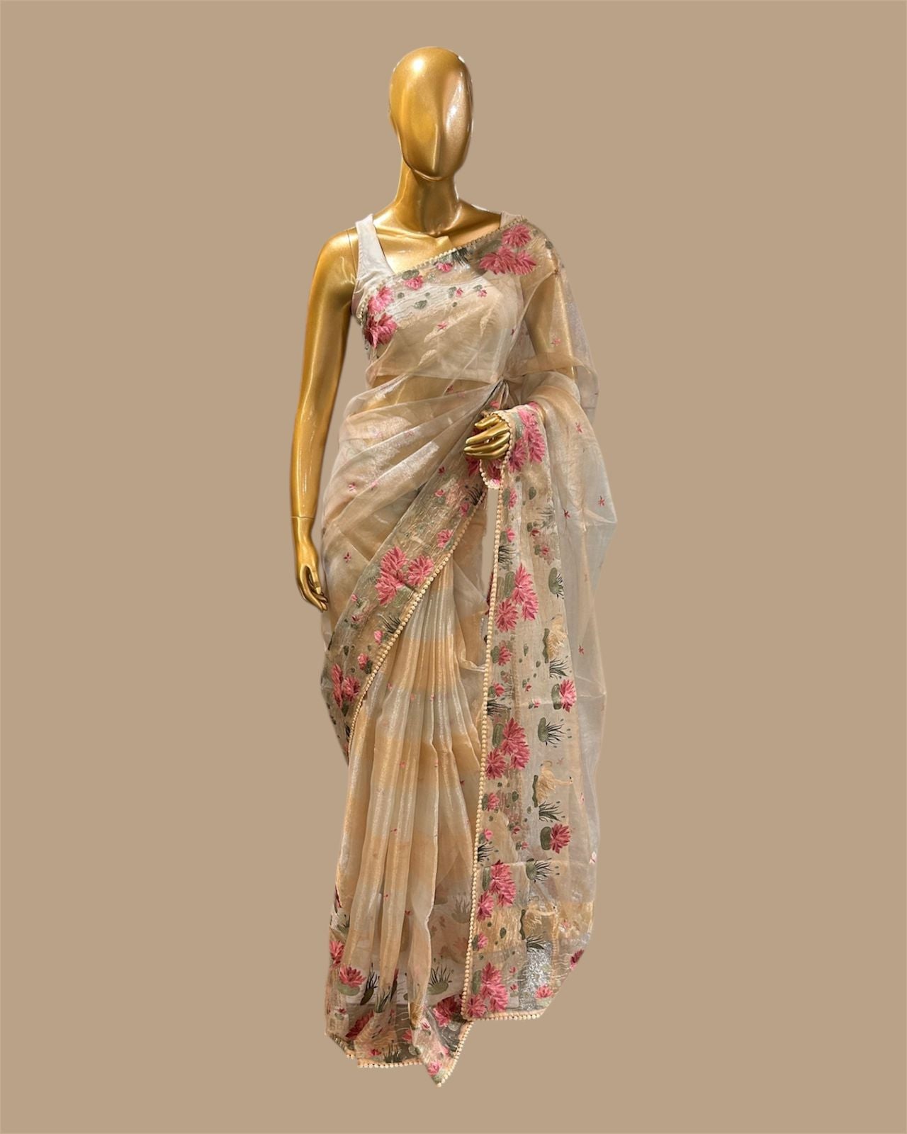 Pure Tissue Saree with silver and golden zari wide stripes & Embroidered Borders