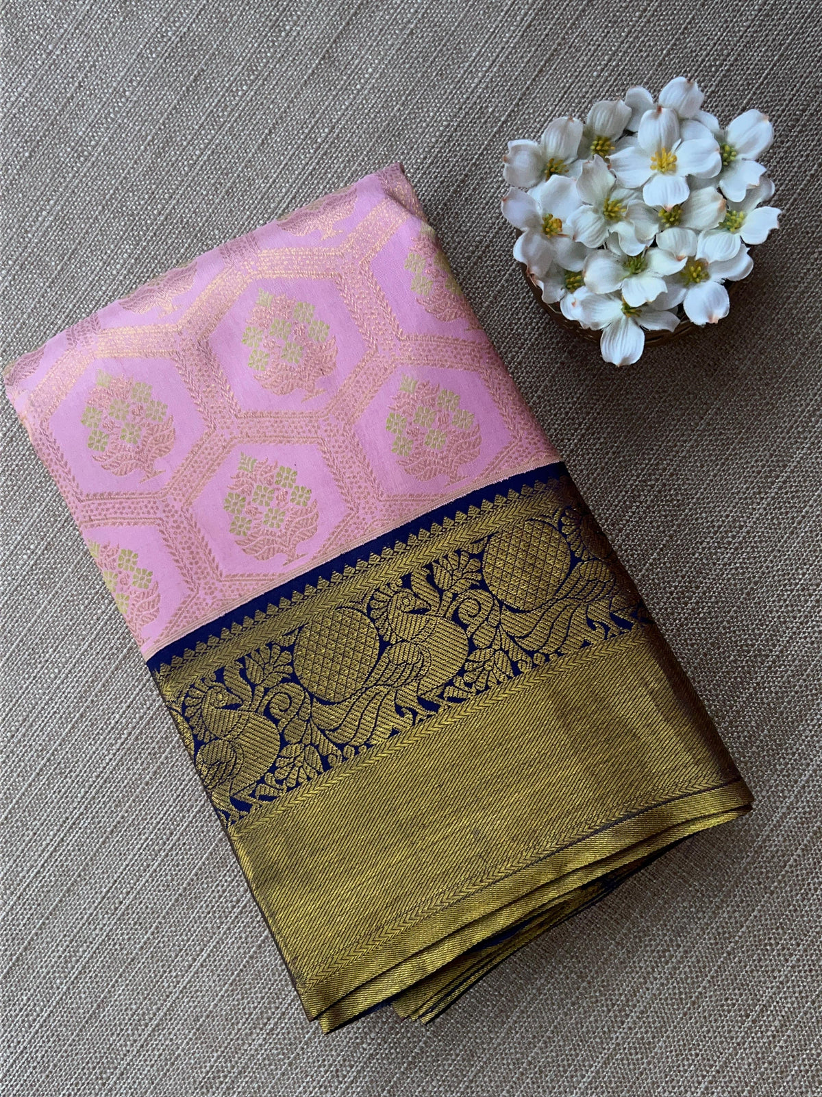 Pure Kanchi Pattu Saree – Baby Pink with Midnight Blue