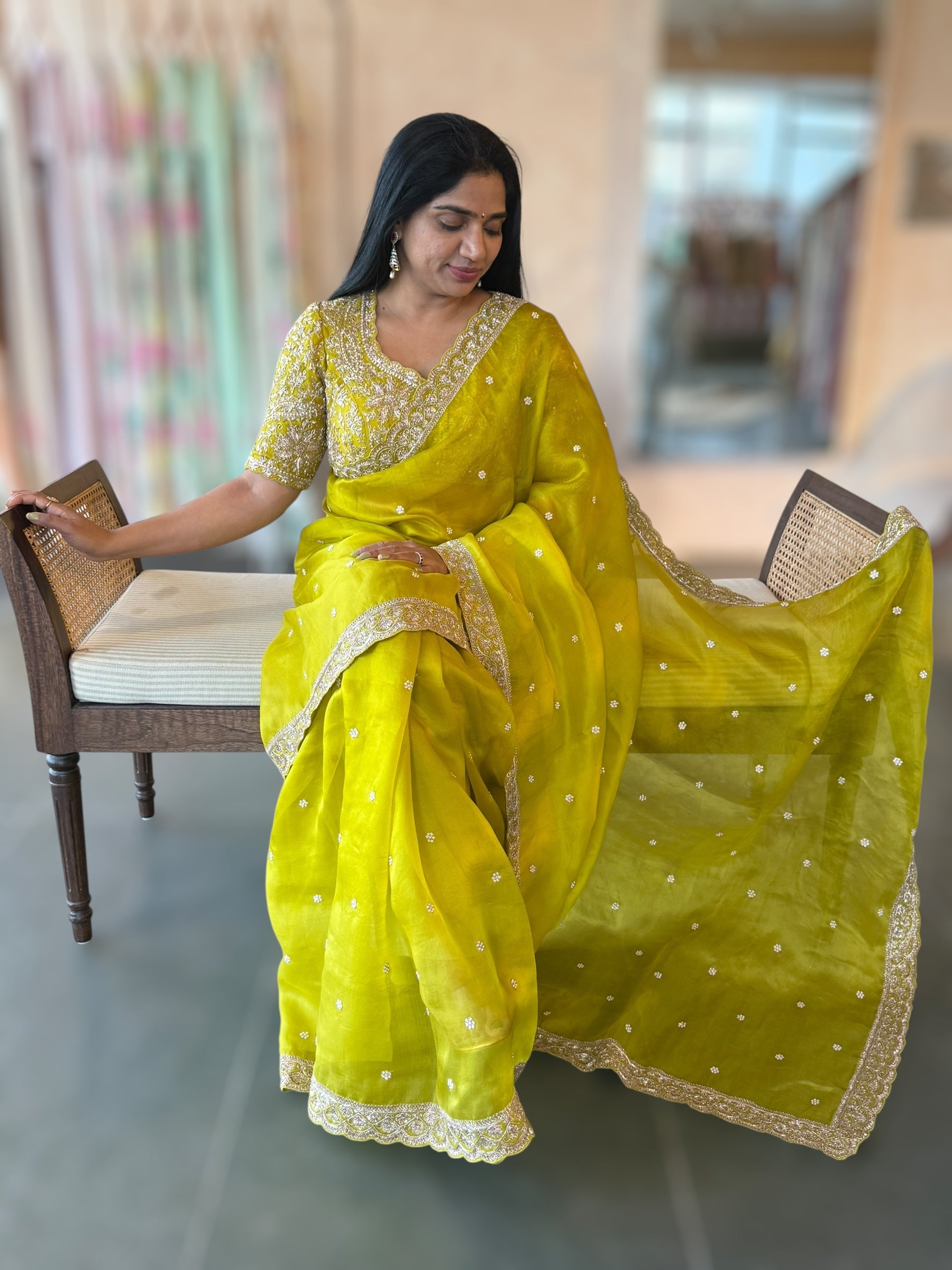Neon Green Organza Handwork Saree