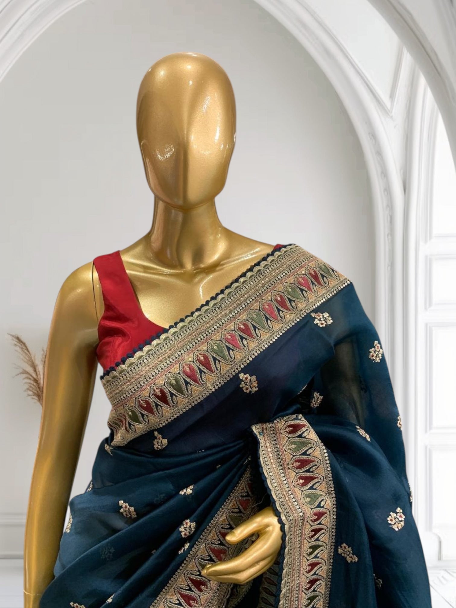 Luxe Peacock Blue Organza Saree with Sabyasachi-Inspired Border & Blouse