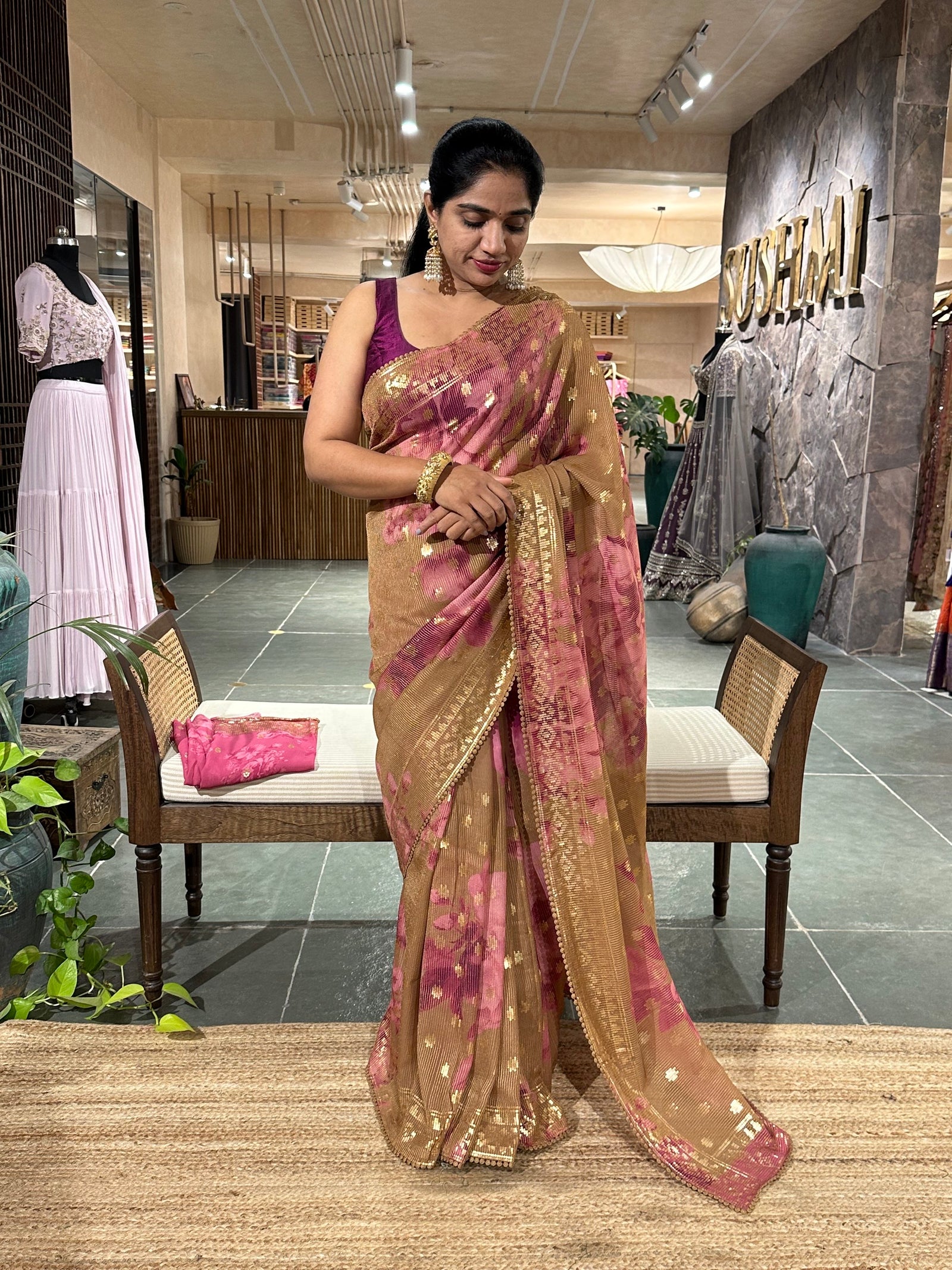 Floral Sequnce Saree In Sabhyasachi Style With Statement Floral Print