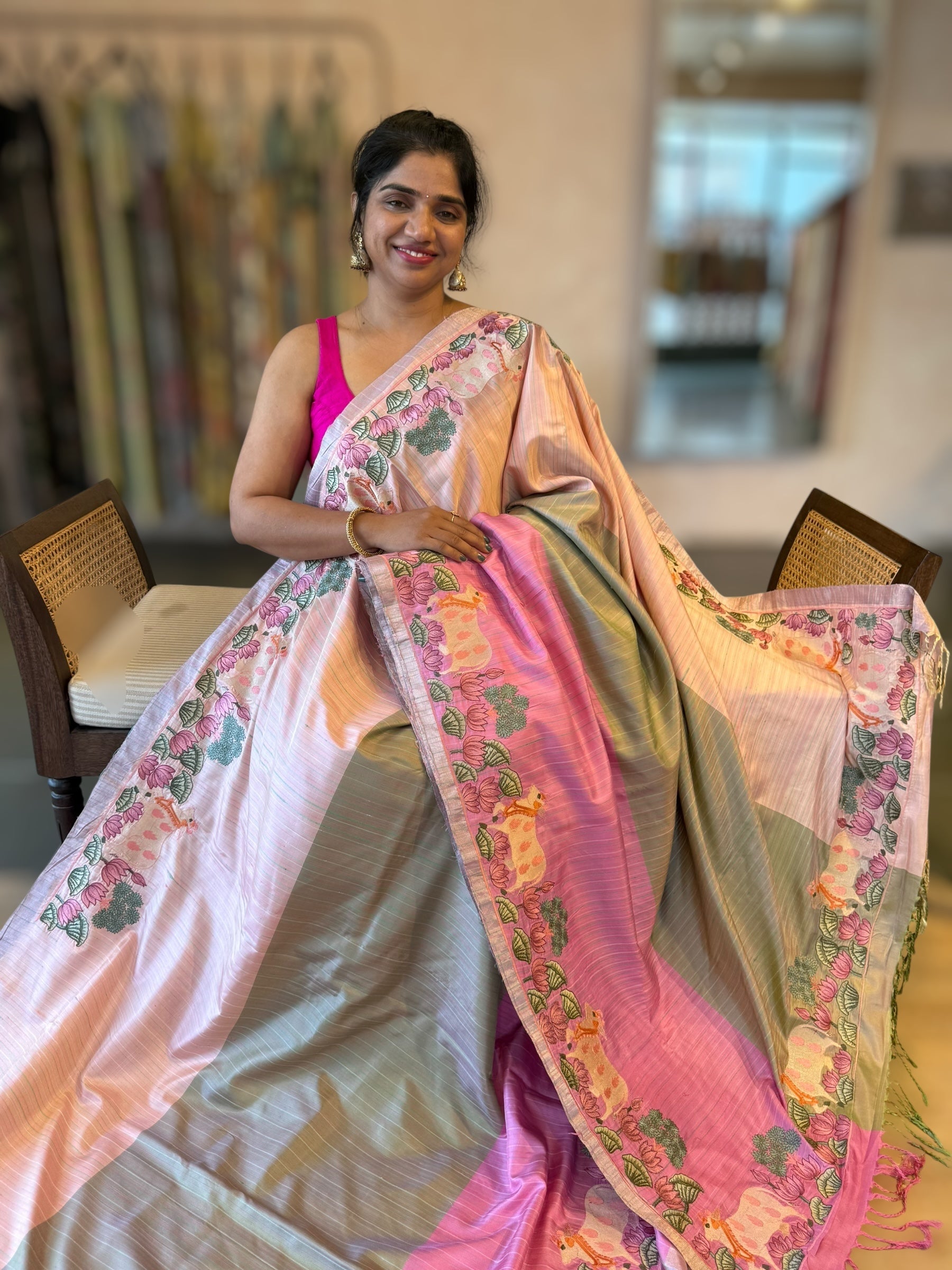 Kanchi Silk Saree in Tricolor With Beautiful Pichwai Embroidered Border