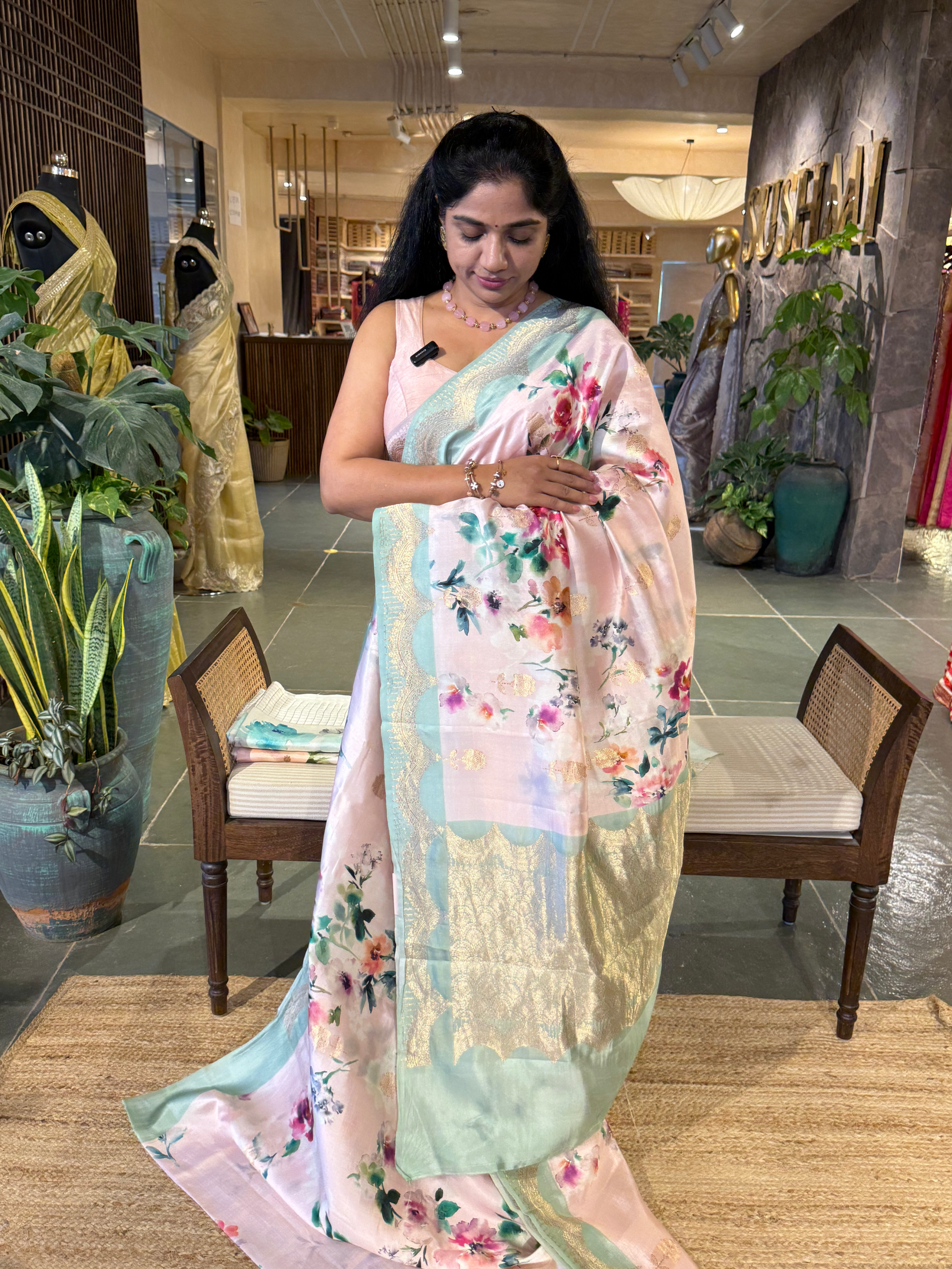Banarasi Soft Silk Printed Saree With Scalloped Woven Zari Border