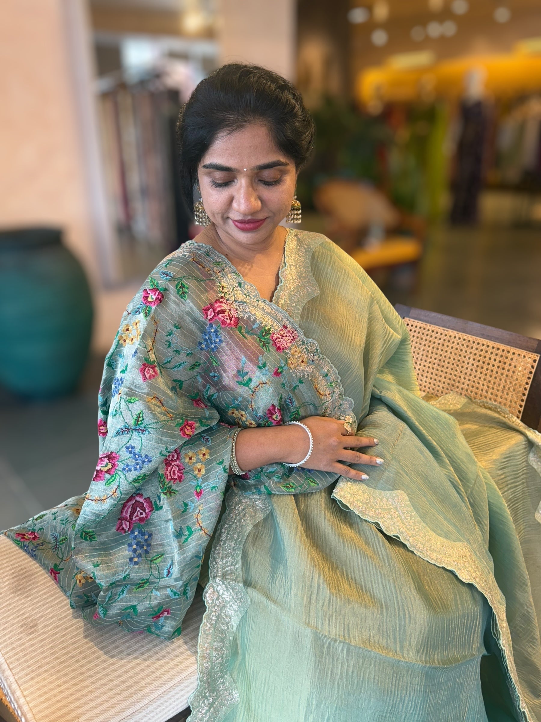 Ombre Dyed Crush Tissue Saree With Pitawork Border & Petite Point Embroidered BP