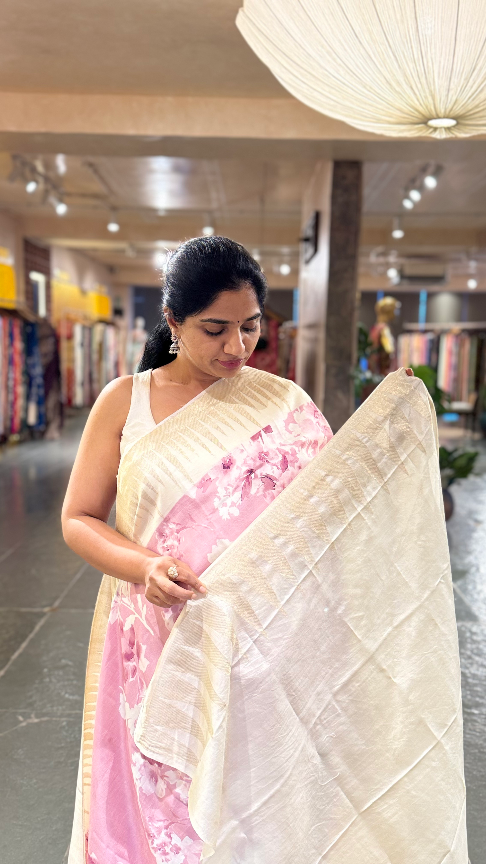 Baby Pink Printed Kanchi Silk soft drape Saree with temple borders b