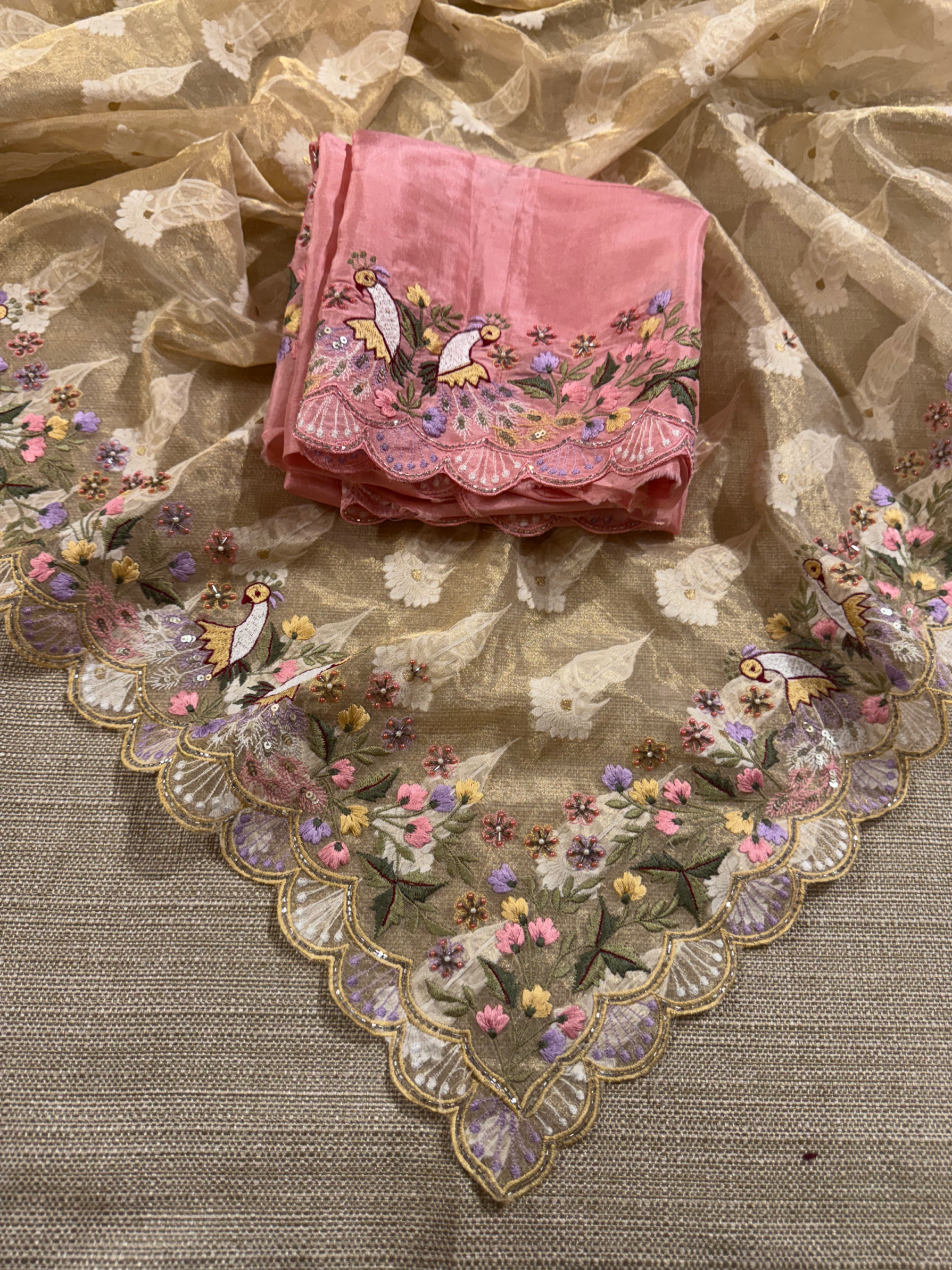 GTEA2002 : Pure Handloom Gold Tissue Saree With handwork borders and blouse