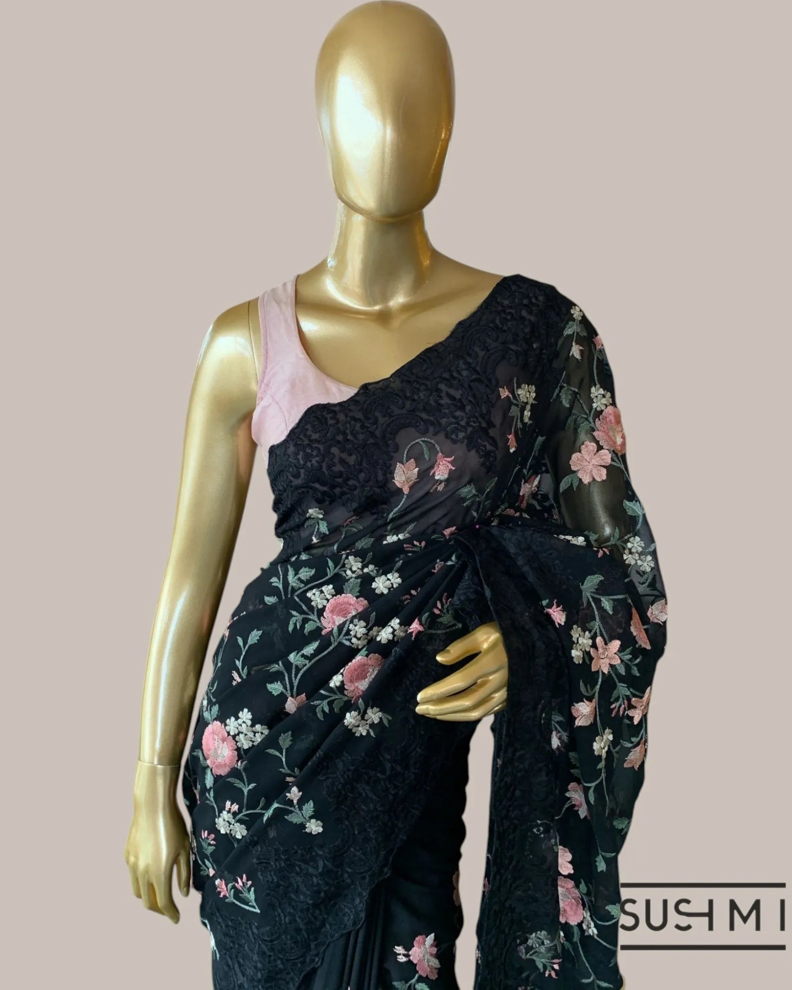 Black Pure Gorgette Saree With Petite Point Style Allover Embroidery   Original