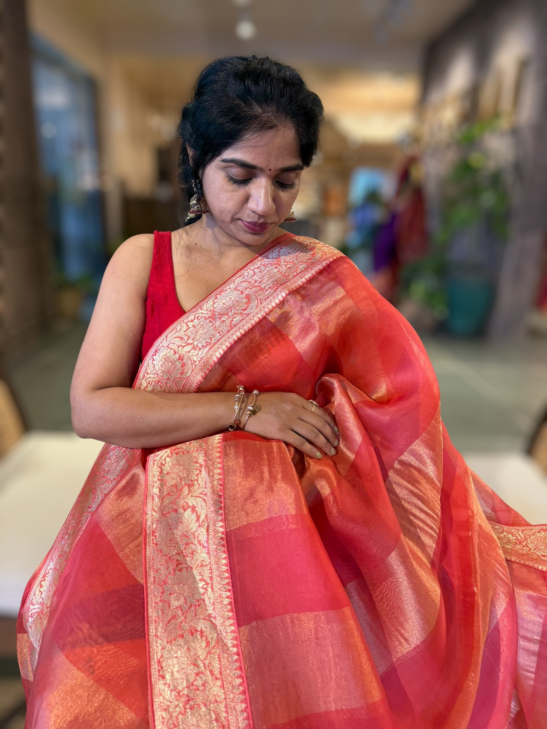 Koral Pink Banarasi Kora Tissue Stripes Saree With Banarasi Borders & Blouse